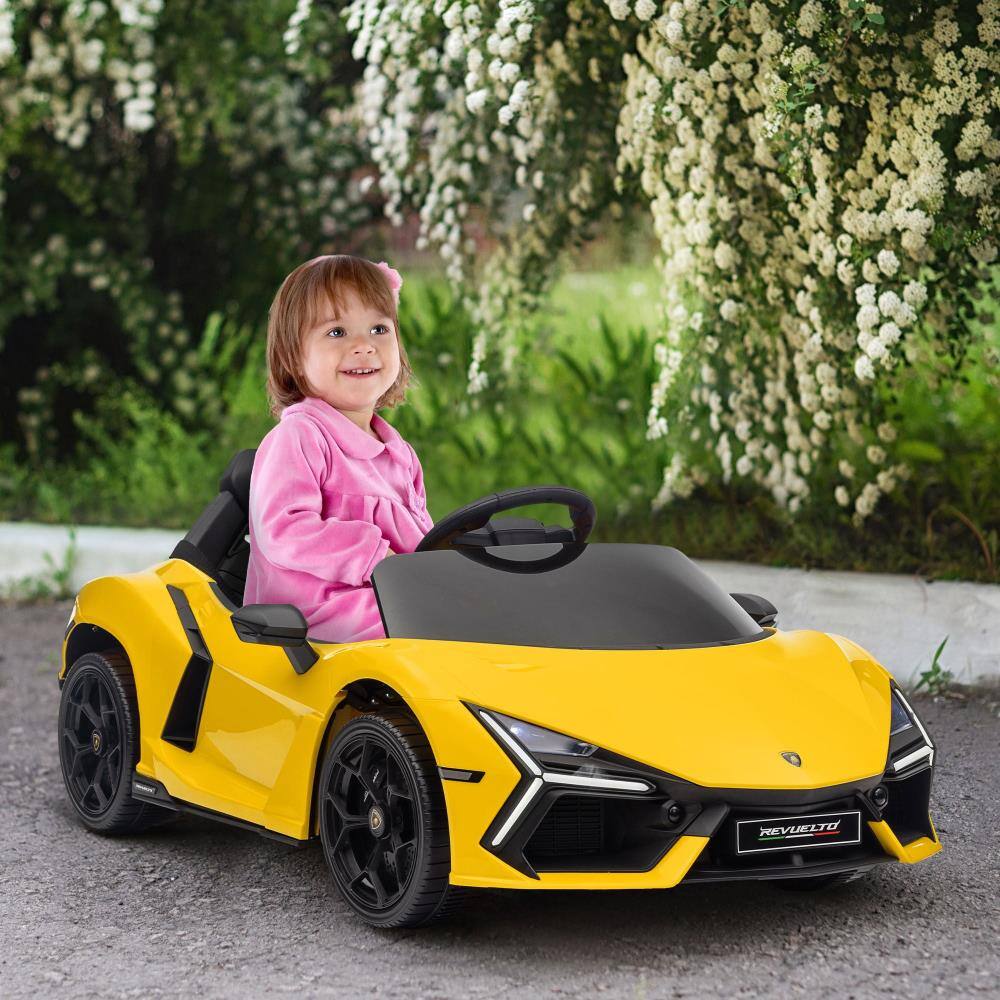 Angle. BreeBe - Qaba Lamborghini Revuelto Licensed 12V Kids Electric Car, Ride-On with Hydraulic Doors, Wheels, Suspension, 3 Speeds - Yellow.