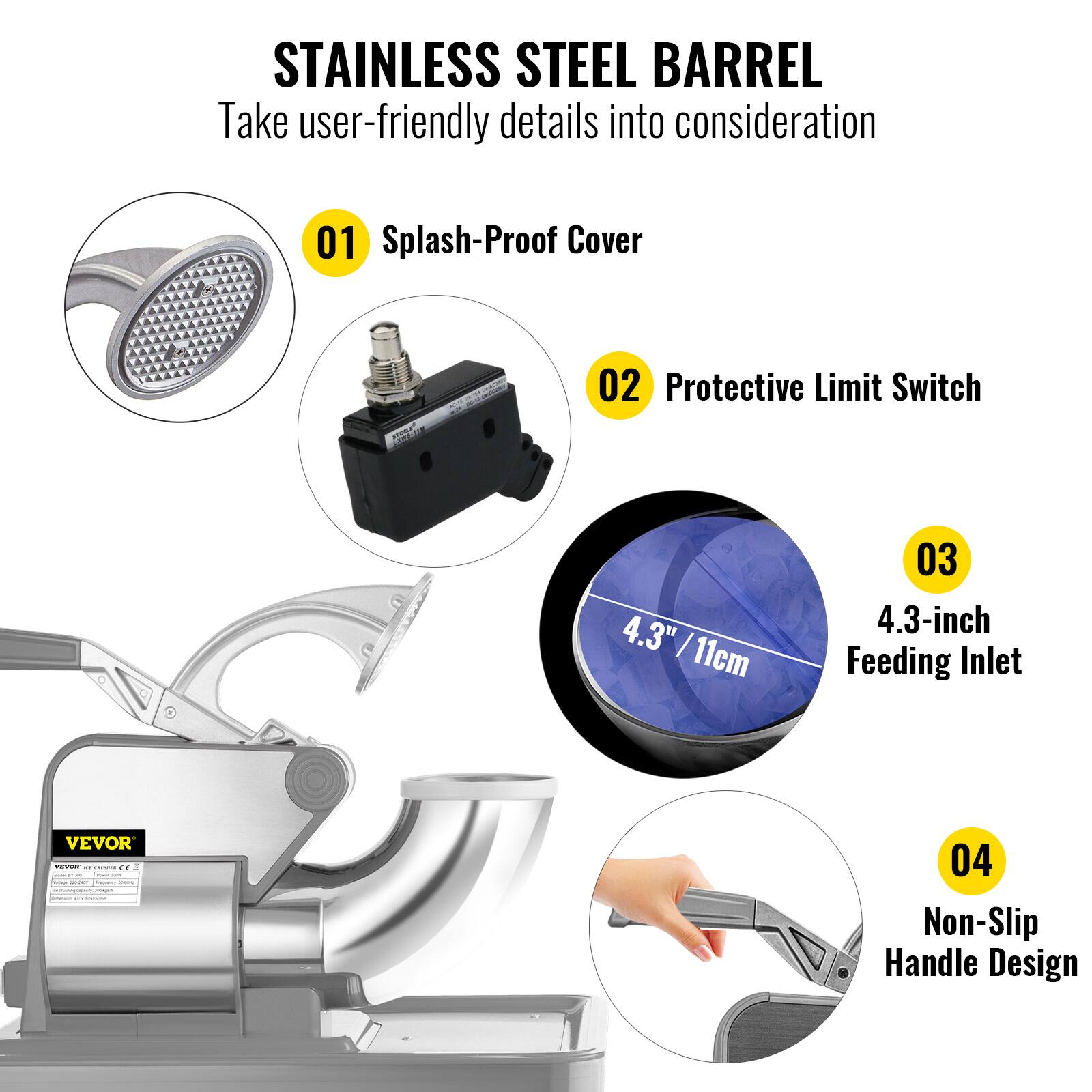 STAINLESS STEEL BARREL
Take user-friendly details into consideration
01 Splash-Proof Cover
02 Protective Limit Switch
03 4.3-inch Feeding Inlet
04 Non-Slip Handle Design