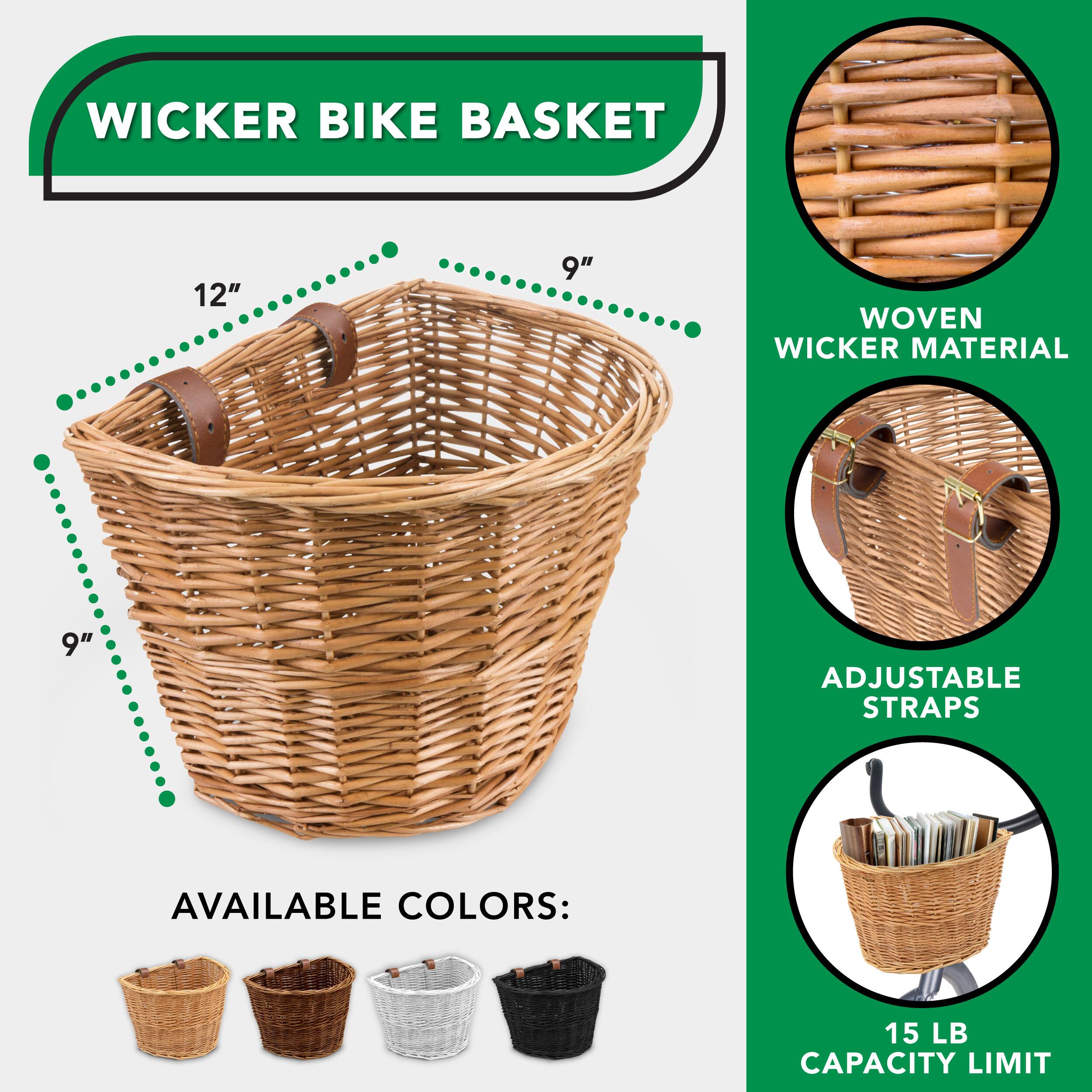 WICKER BIKE BASKET, 12" 9", WOVEN WICKER MATERIAL, ADJUSTABLE STRAPS, AVAILABLE COLORS: 15 LB CAPACITY LIMIT