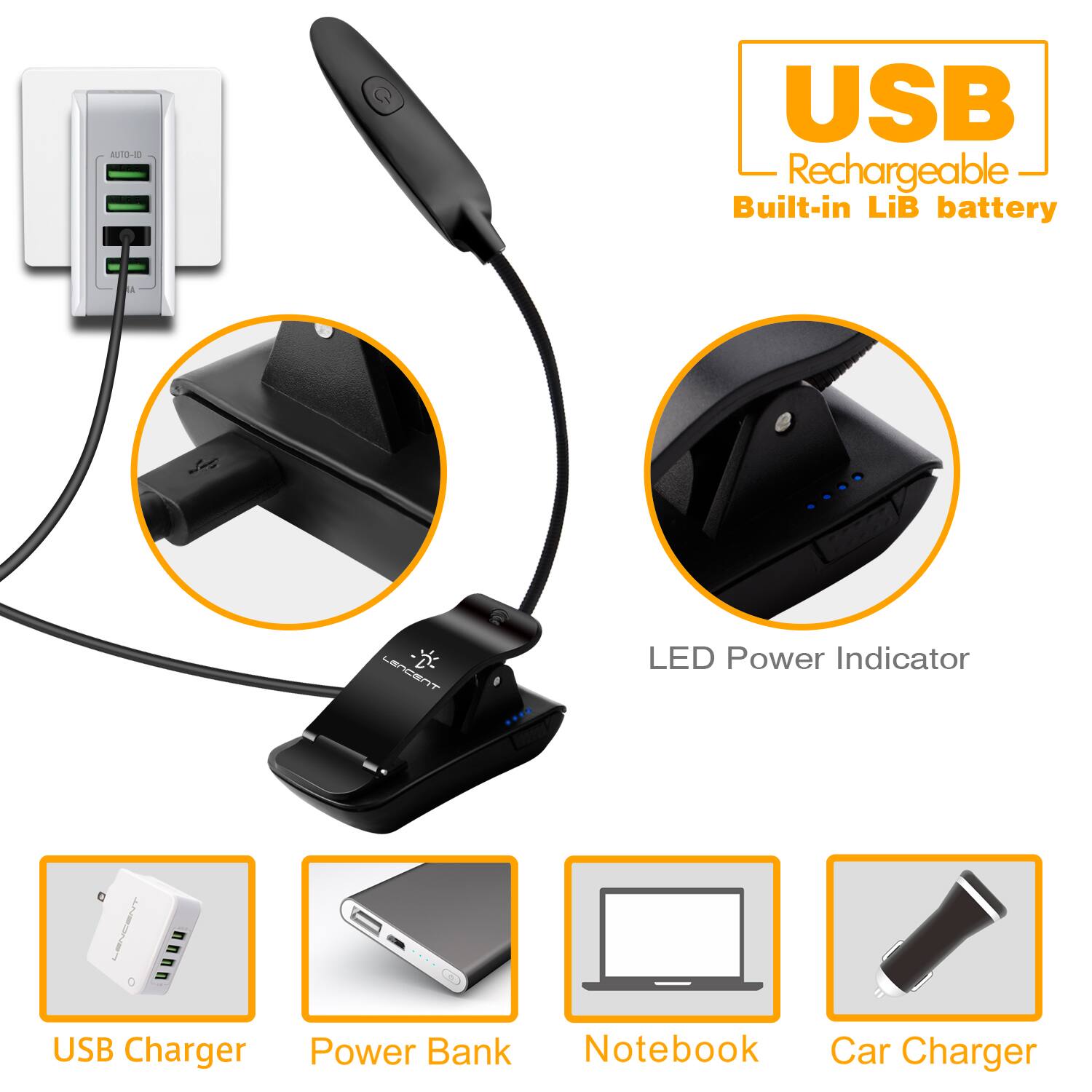 LENCENT 7 LED Book Light Clip USB Rechargeable Reading Light for Bed ...