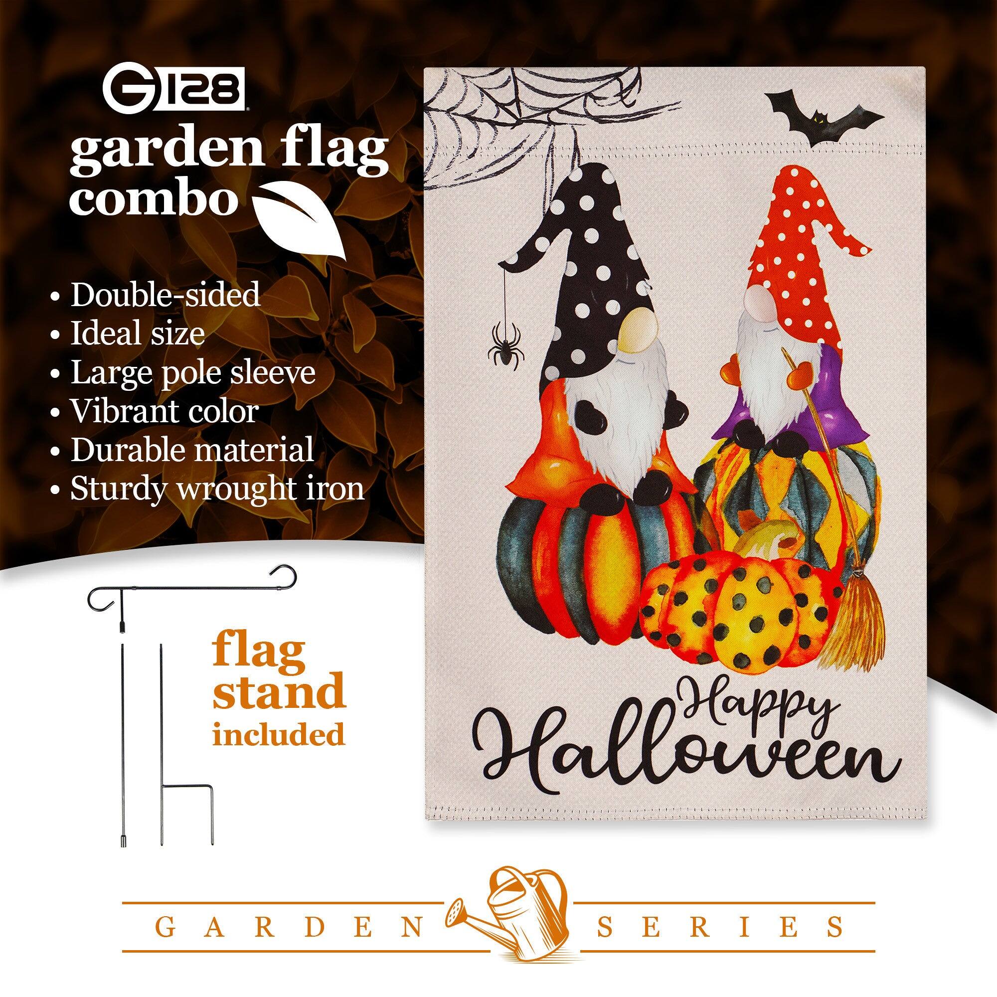 GI28 garden flag combo

- Double-sided
- Ideal size
- Large pole sleeve
- Vibrant color
- Durable material
- Sturdy wrought iron

flag stand included

Happy Halloween

GARDEN SERIES