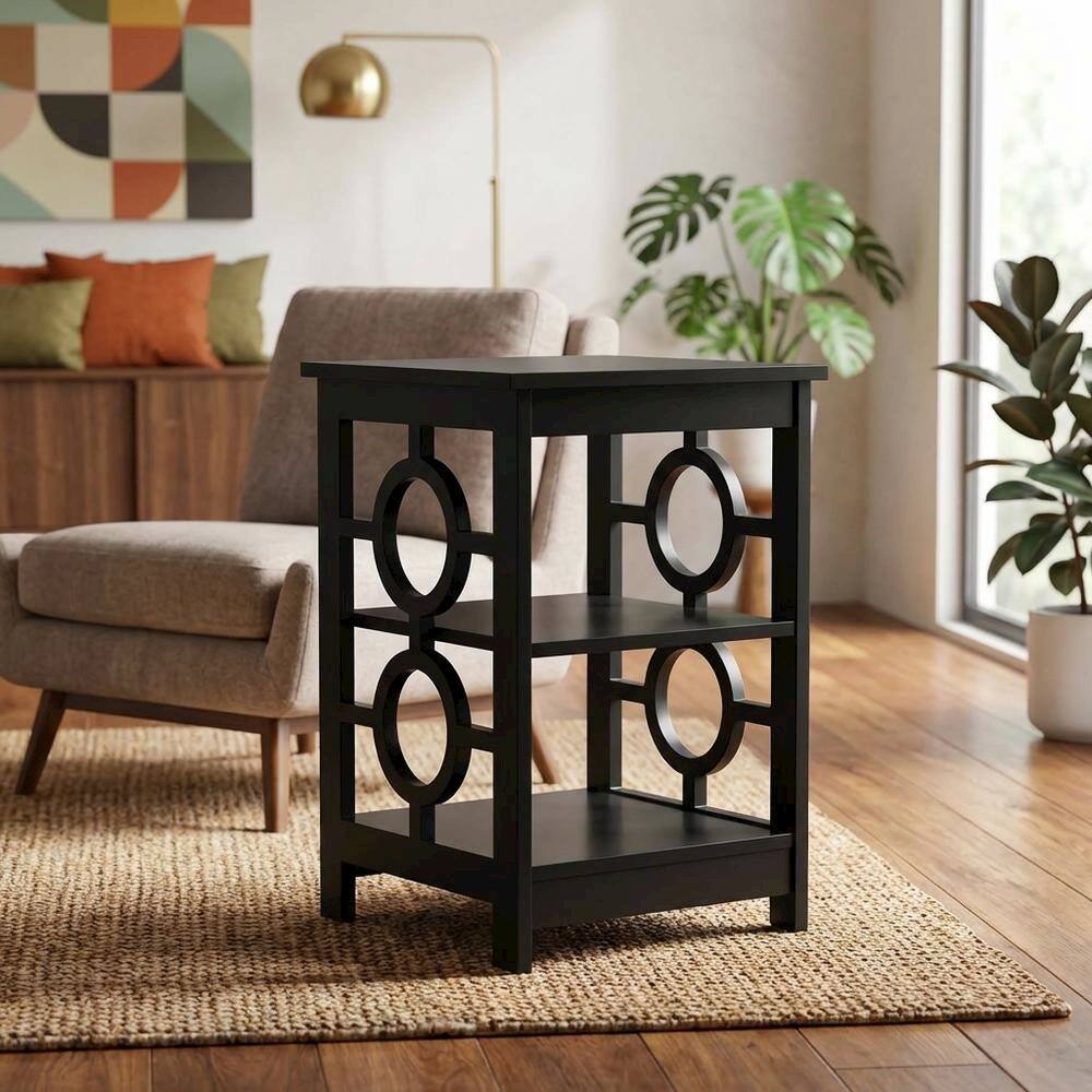 Back. FurniFact - Black wooden end table with modern design and sleek finish - Black.