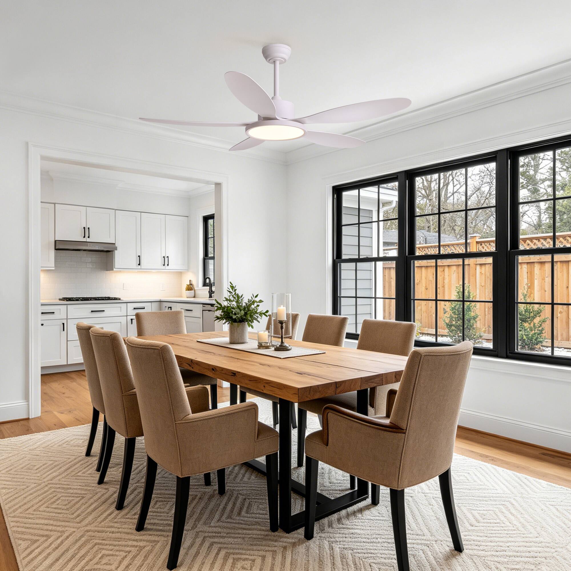 Left. Siljoy - 52 Inch Matte White 5 Blades Downrod Ceiling Fan With Round LED Light For Bedroom Living Room - White.