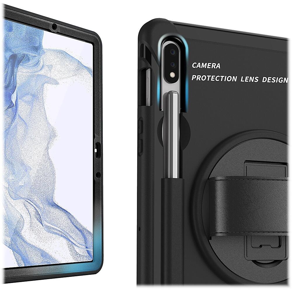 The image showcases a cell phone case with a lens design, which is specifically designed to protect the camera lens of the device. The case is black and features a strap for added security. The case is open, revealing the camera lens design and the strap. The case is designed to provide protection for the camera lens while also allowing for easy access and use of the phone.