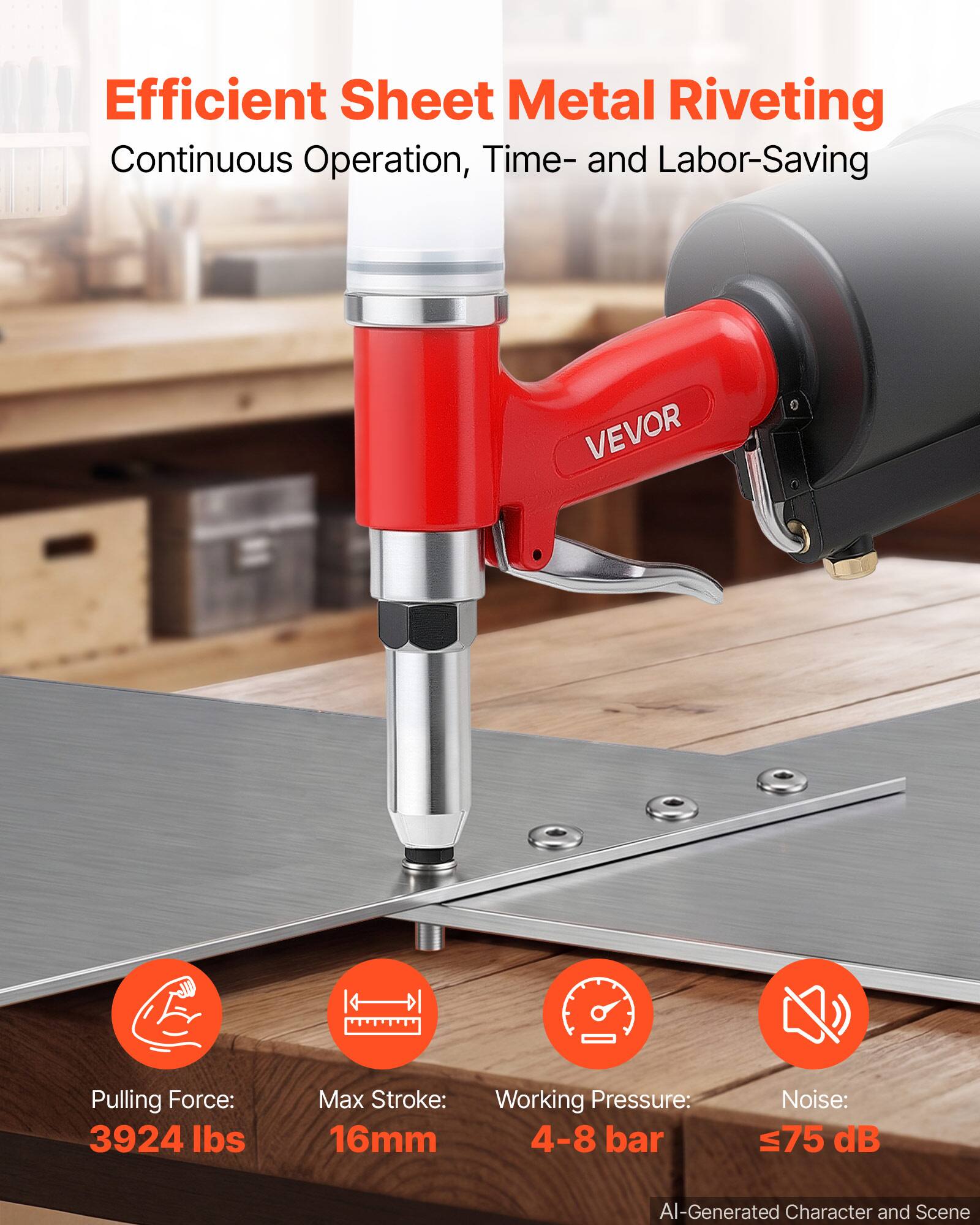 Efficient Sheet Metal Riveting  
Continuous Operation, Time- and Labor-Saving

VEVOR

Pulling Force: 3924 lbs  
Max Stroke: 16mm  
Working Pressure: 4-8 bar  
Noise: ≤75 dB

AI-Generated Character and Scene
