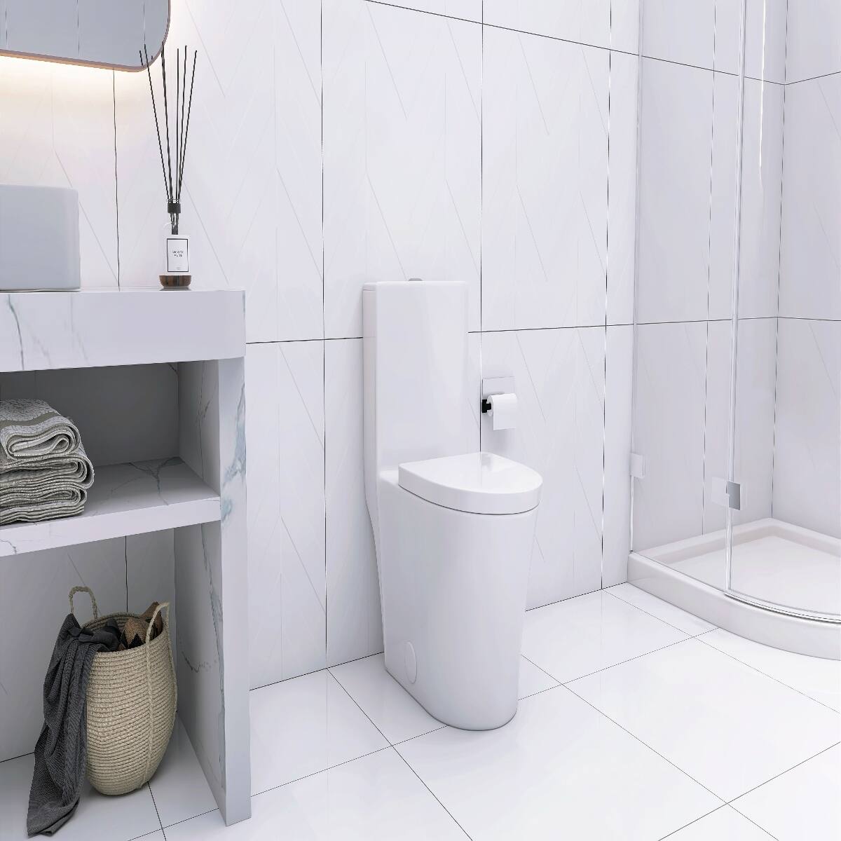 Left. Loheer - Loheer Elongated One Piece Toilet White Porcelain Modern Skirted Dual Flush Bathroom - White.