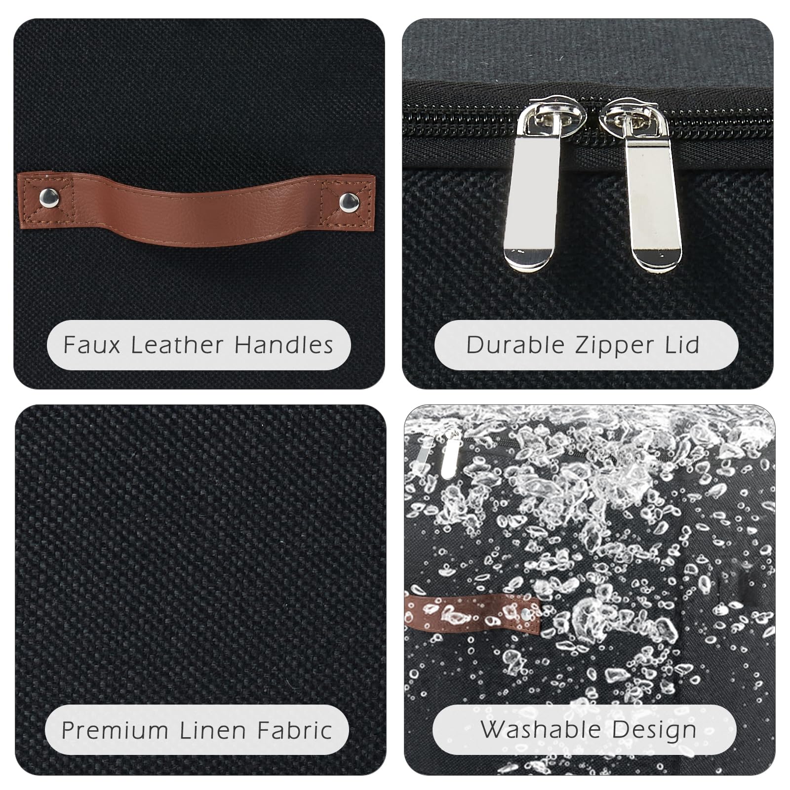 - Faux Leather Handles
- Durable Zipper Lid
- Premium Linen Fabric
- Washable Design