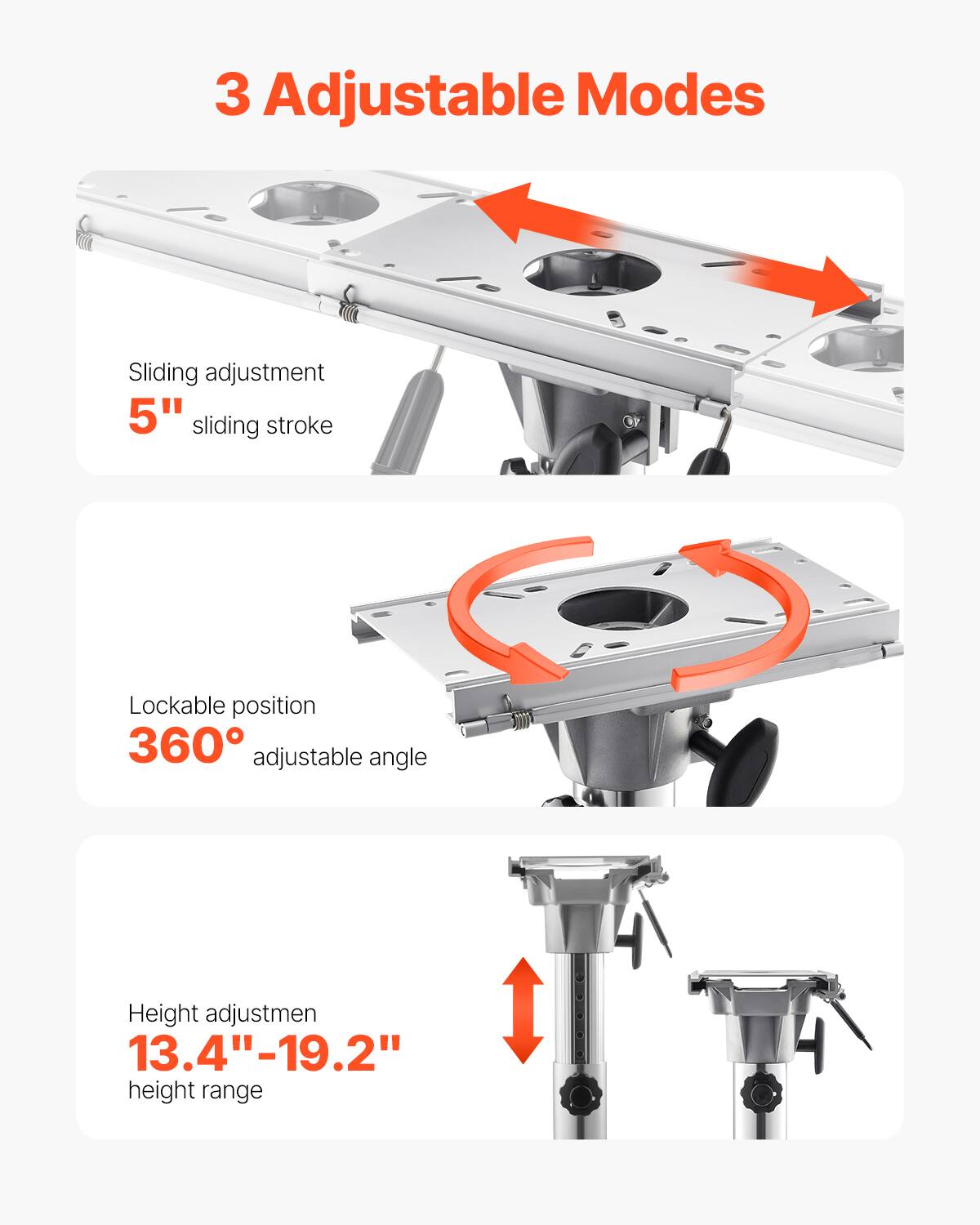 3 Adjustable Modes
Sliding adjustment 5" sliding stroke
Lockable position 360° adjustable angle
Height adjustment 13.4"-19.2" height range