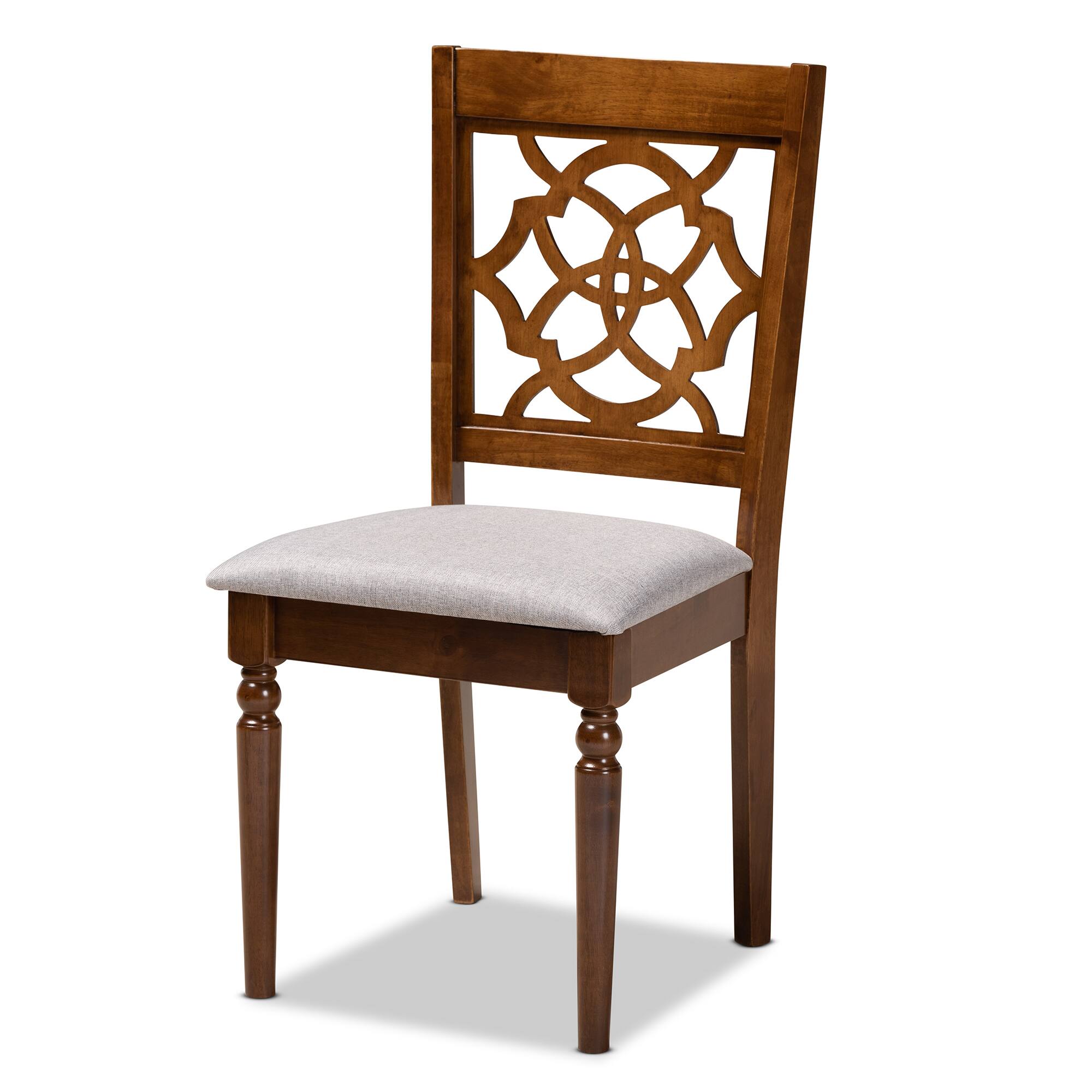 Angle. Baxton Studio - Lylah Modern Fabric Upholstered and Finished Wood 4-Piece Dining Chair Set - Grey/Walnut.