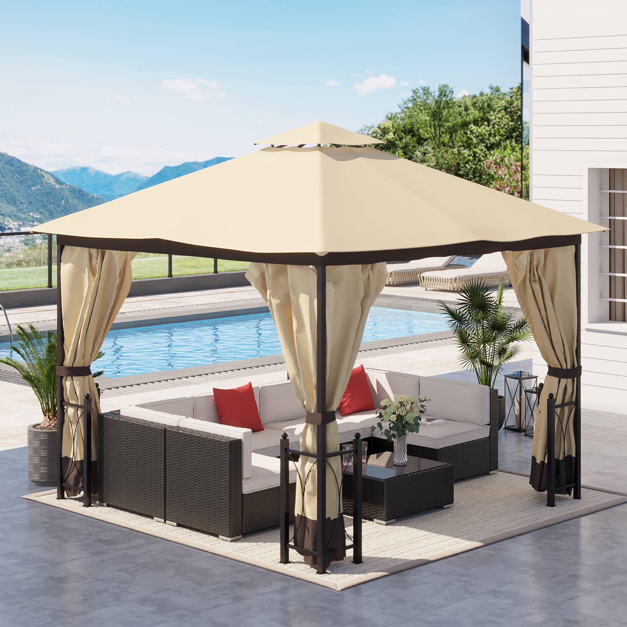 Alt View 1. Outsunny - 11' x 13' Patio Gazebo, Double Roof Outdoor Gazebo Canopy Shelter with Netting & Curtains - Beige.