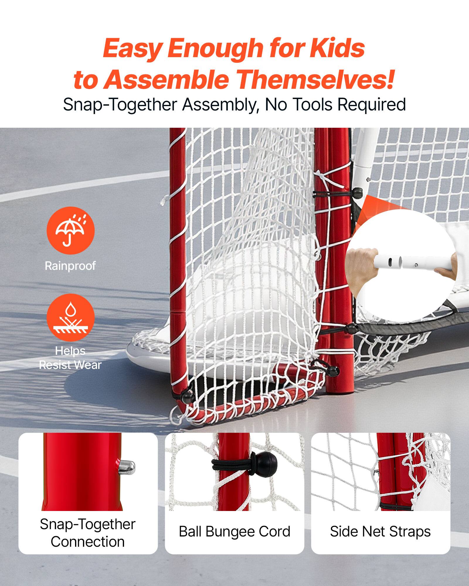Easy Enough for Kids to Assemble Themselves!  
Snap-Together Assembly, No Tools Required  

Rainproof  
Helps Resist Wear  

Snap-Together Connection  
Ball Bungee Cord  
Side Net Straps