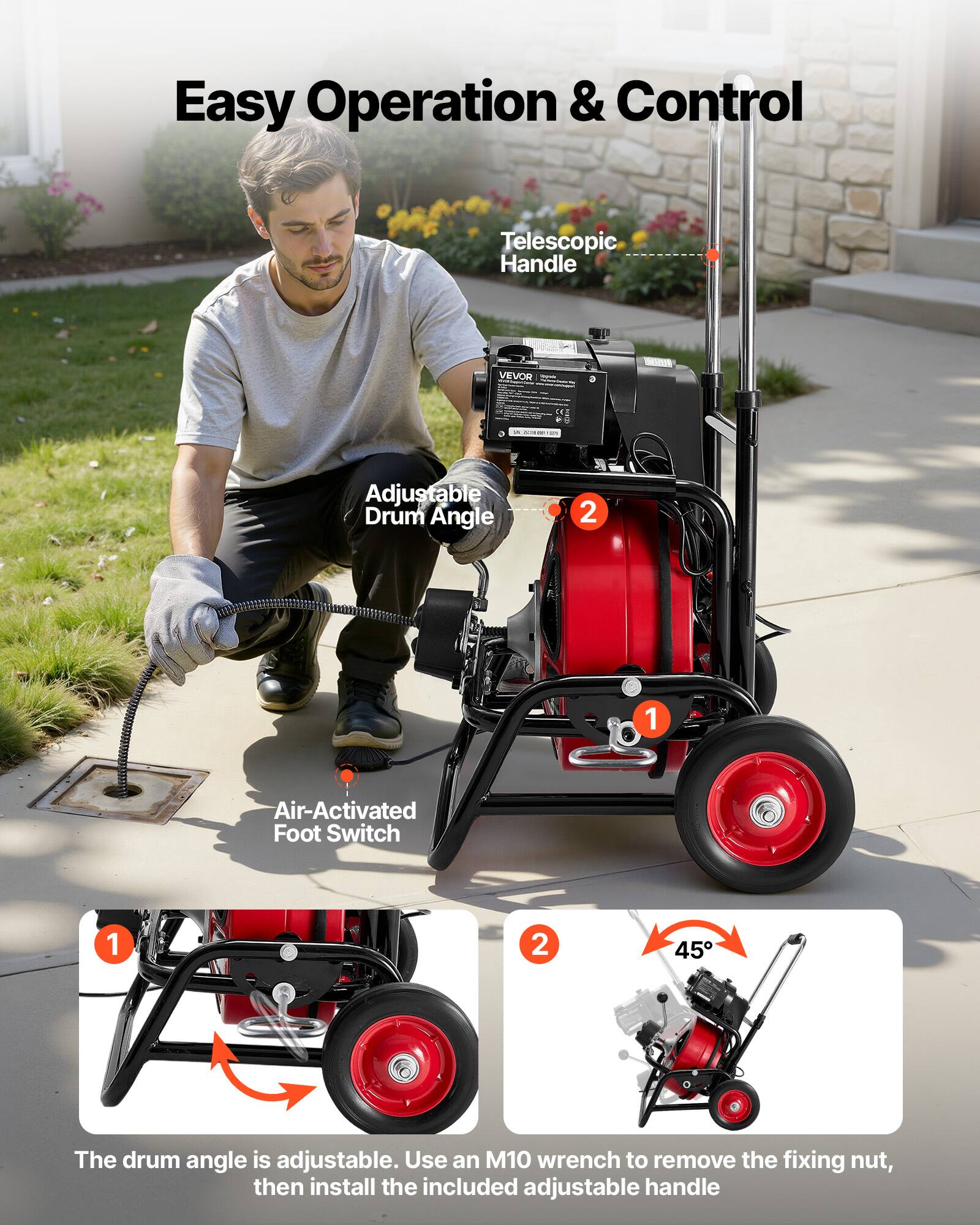 Easy Operation & Control

Telescopic Handle

Adjustable Drum Angle

Air-Activated Foot Switch

1. The drum angle is adjustable. Use an M10 wrench to remove the fixing nut, then install the included adjustable handle.

2.