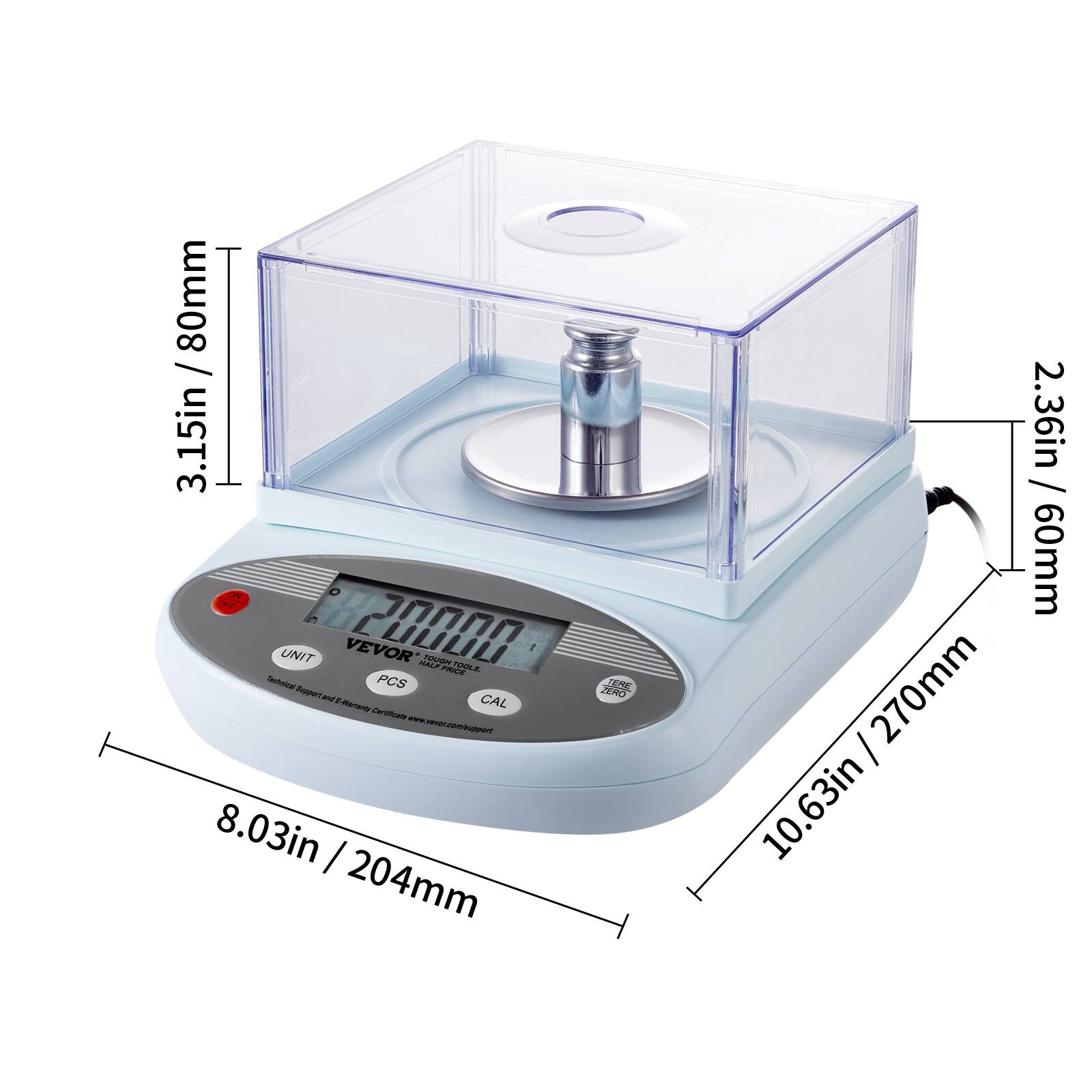 80mm / 3.15in  
DeK UNIT VEVOR 20000 NALY m -ibe mECE VAE Tehoca PCS Techooogernnant notnsc A  
CAL Cenotona not.comoes 8.03in / 204mm  
CENNE TERO 270mm / 10.63in  
2.36in / 60mm