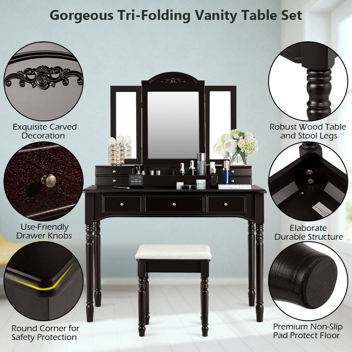 Gorgeous Tri-Folding Vanity Table Set

- Exquisite Carved Decoration
- Robust Wood Table and Stool Legs
- Use-Friendly Drawer Knobs
- Elaborate Durable Structure
- Round Corner for Safety Protection
- Premium Non-Slip Pad Protect Floor