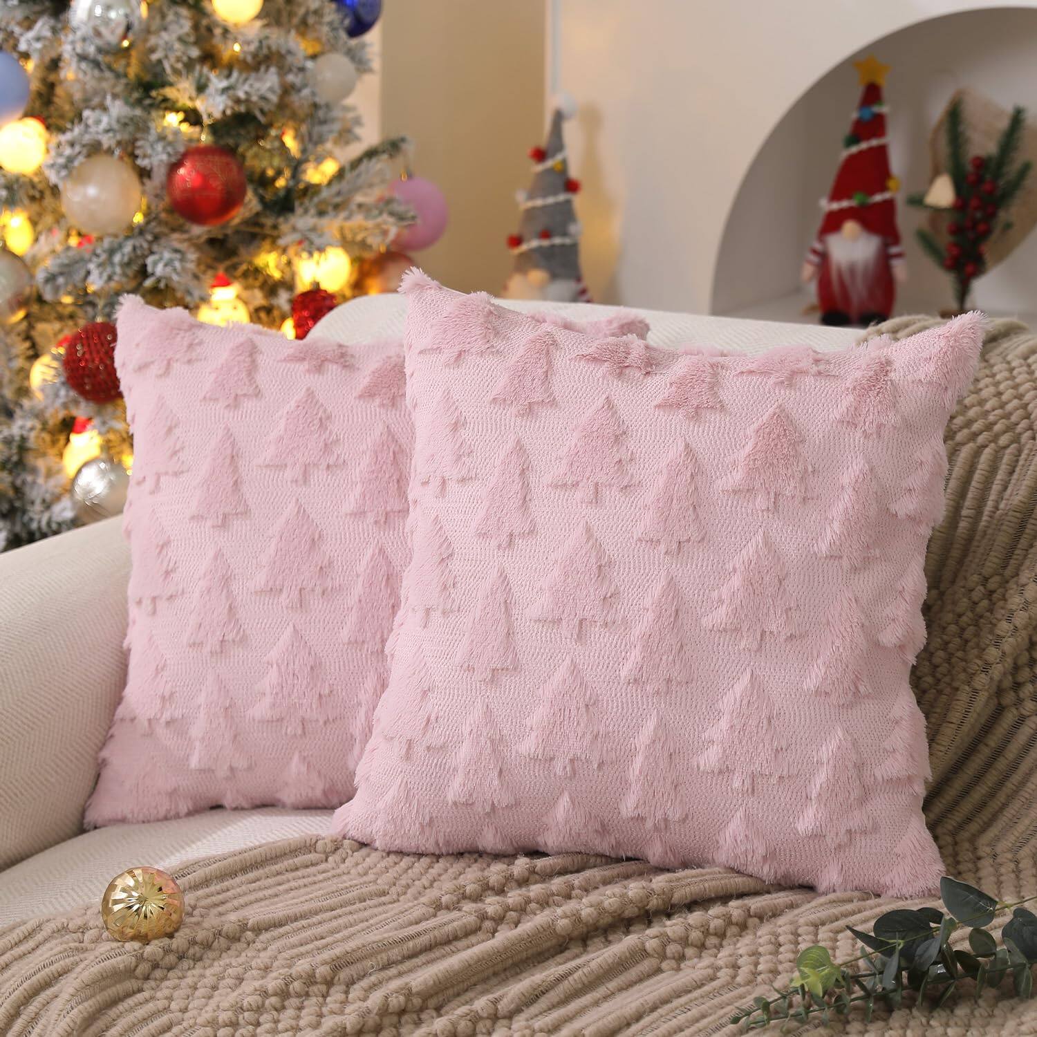Front. Stylel Star - DFXSZ Christmas Tree Pillow Covers 18x18 inch Set of 2 Christmas Decoration Beige Soft Plush Faux Fur Jacquard Throw ... - Pink.