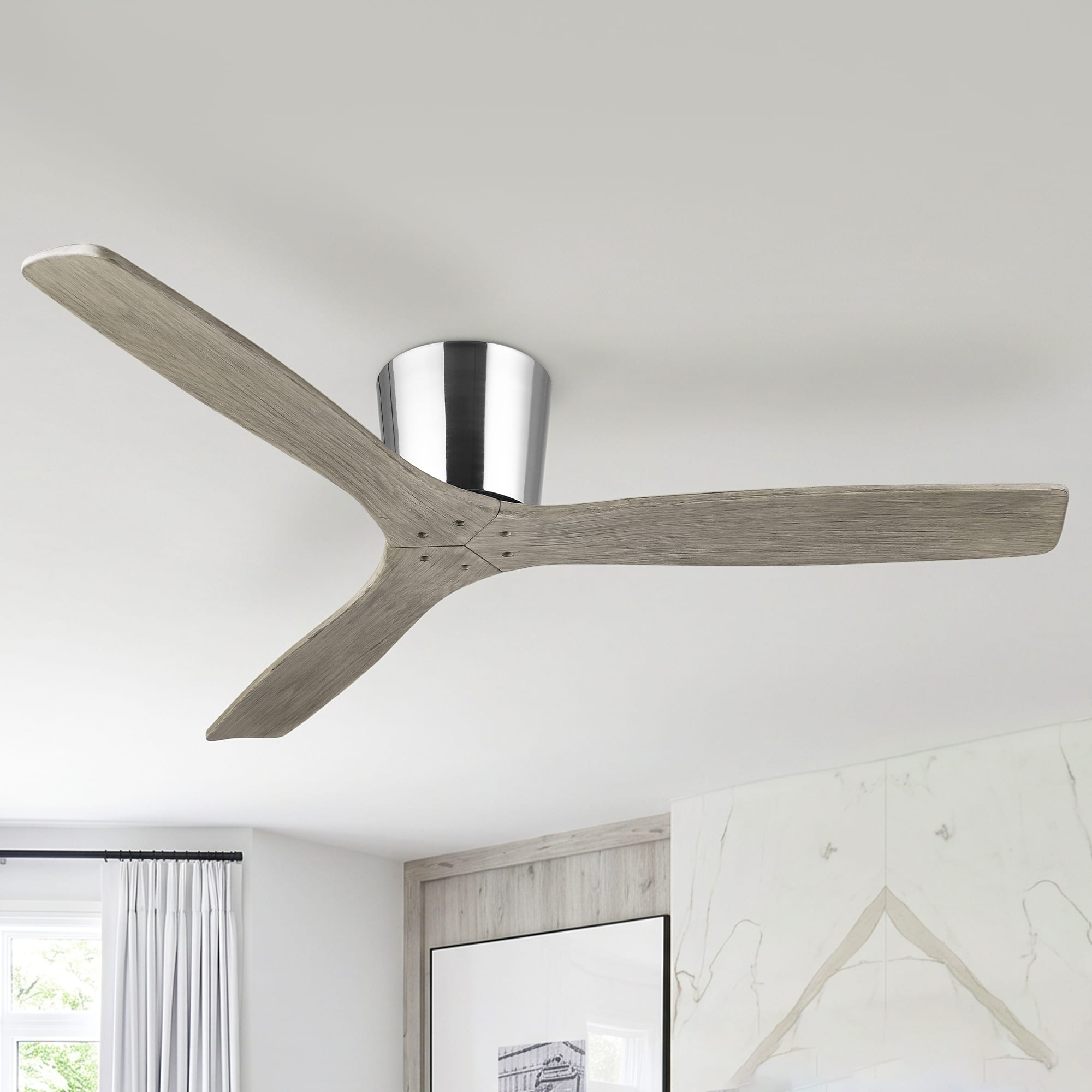 Parrot Uncle - 54" Modern Solid Wood Blades 6 Speed Flush Mount Low Profile Ceiling Fan with Remote, No Light - Chrome