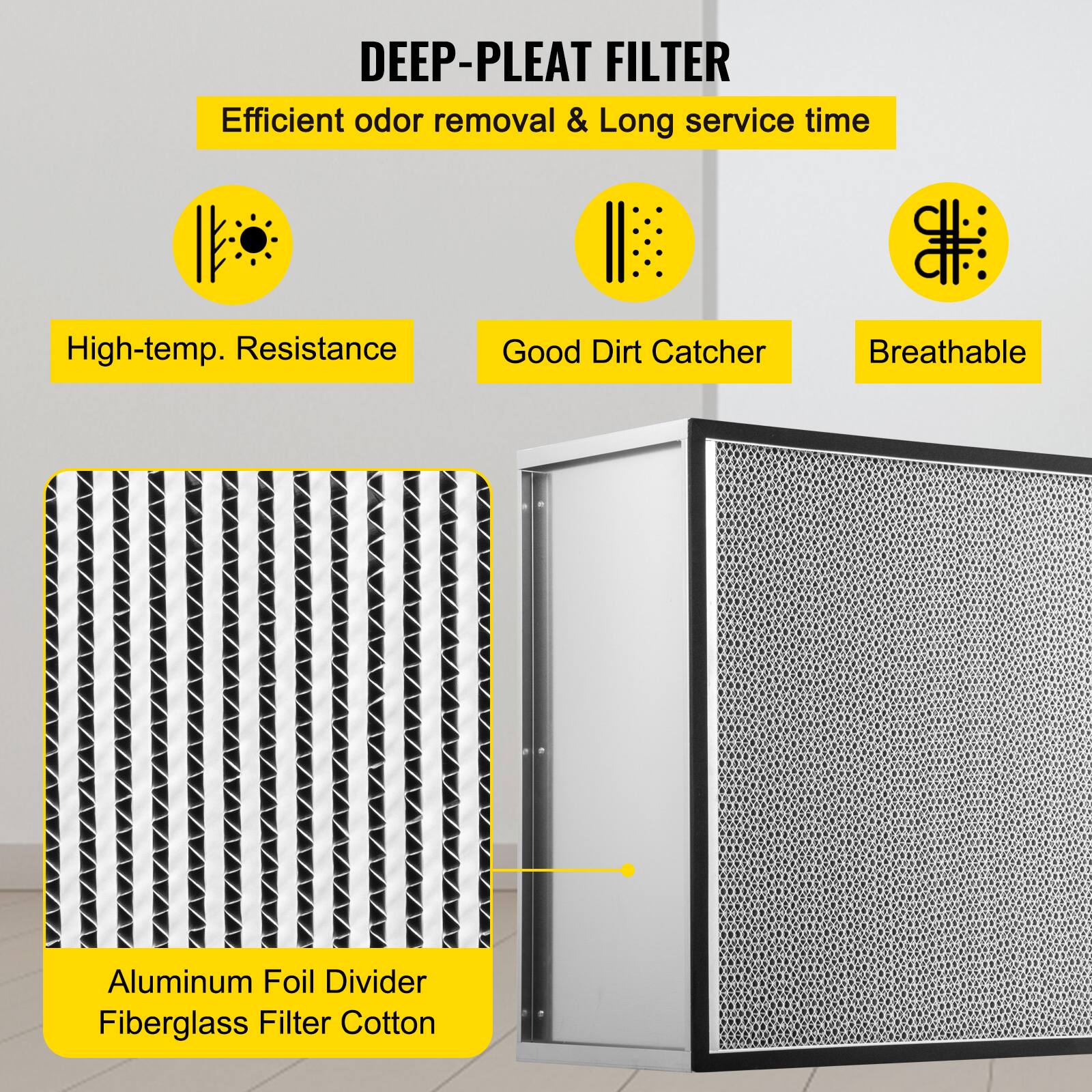 DEEP-PLEAT FILTER

Efficient odor removal & Long service time

- High-temp. Resistance
- Good Dirt Catcher
- Breathable

Aluminum Foil Divider
Fiberglass Filter Cotton