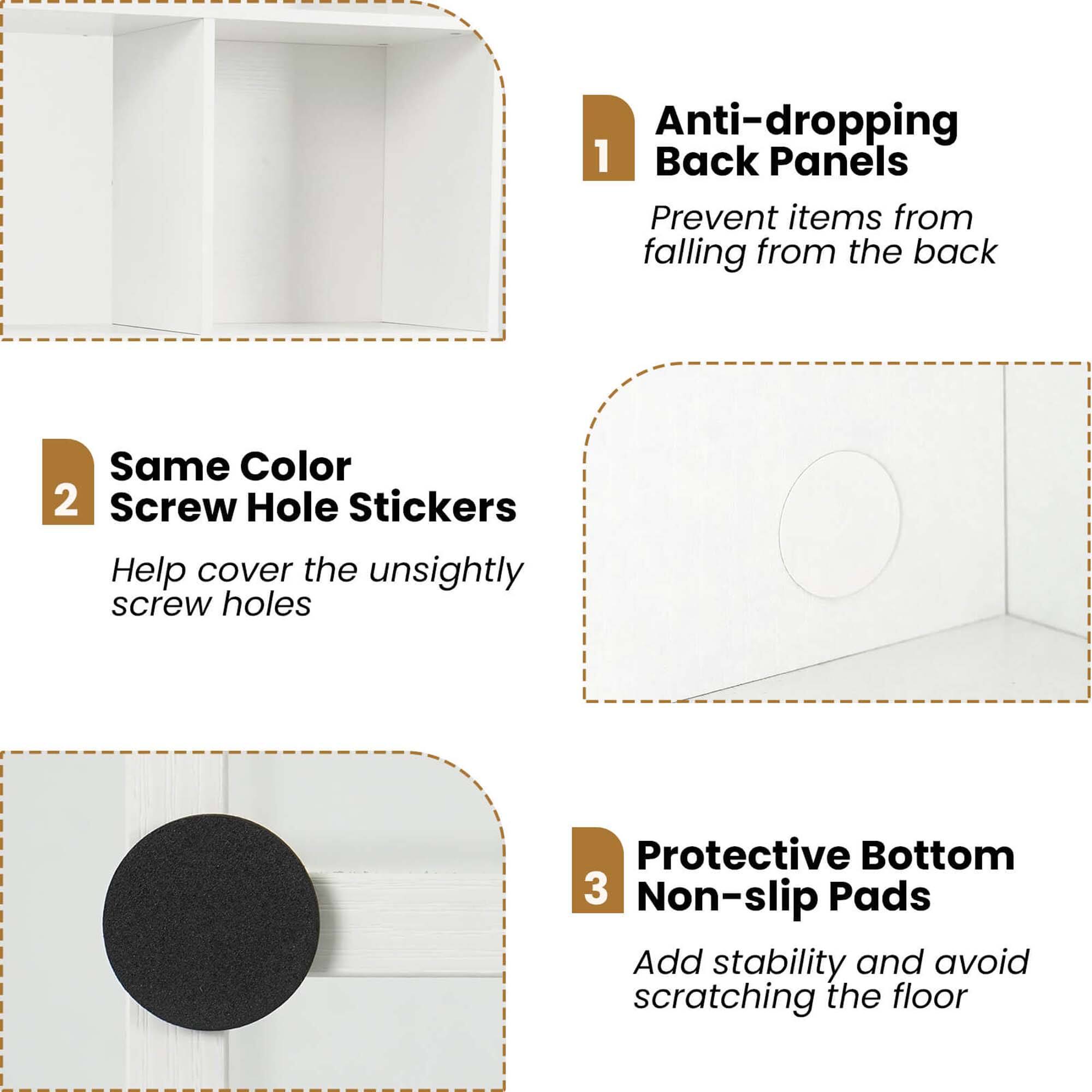 The text on the image is grouped and corrected as follows:

1. Anti-dropping: Prevent items from falling from the back.
2. Back Panels: Prevent items from falling from the back.
3. Same Color Screw Hole Stickers: Help cover the unsightly screw holes.
4. Protective Bottom: Protect the bottom of the shelf.
5. Non-slip Pads: Add stability and avoid scratching the floor.
