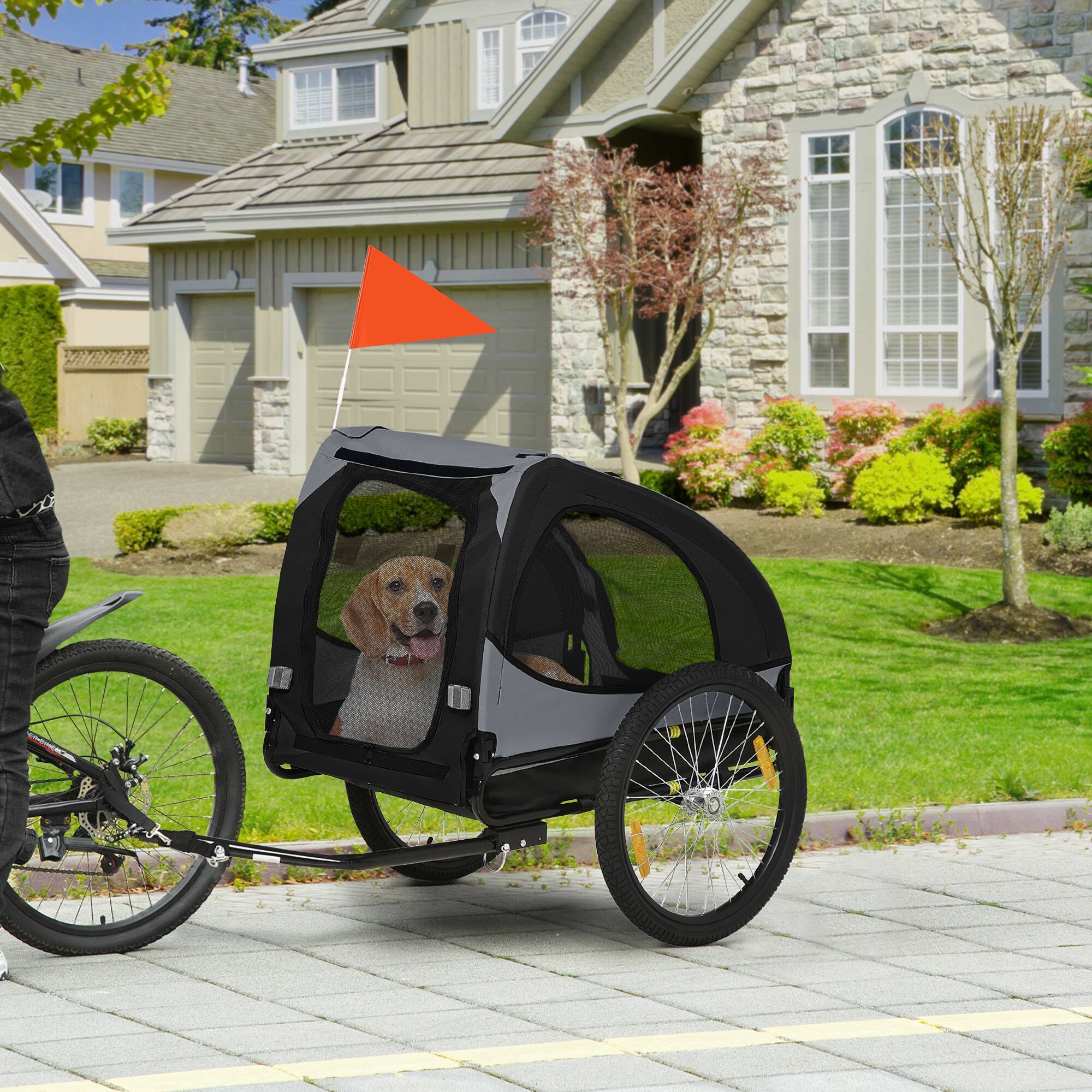 Angle. Aosom - Dog Bike Trailer, Pet Wagon with Steel Frame, Hitch Coupler, Quick Release Wheels, Reflectors, Flag, Travel Carrier.