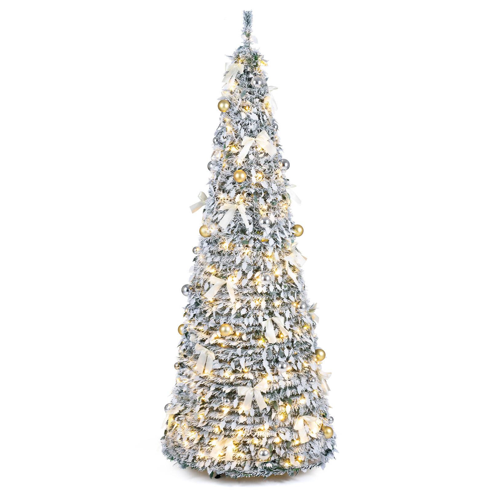 Alt View 9. Costway - Costway 7 ft Pop Up Flocked Christmas Tree with 30 Christmas Bows, 50 Balls, 180 LED Lights - Green & White.