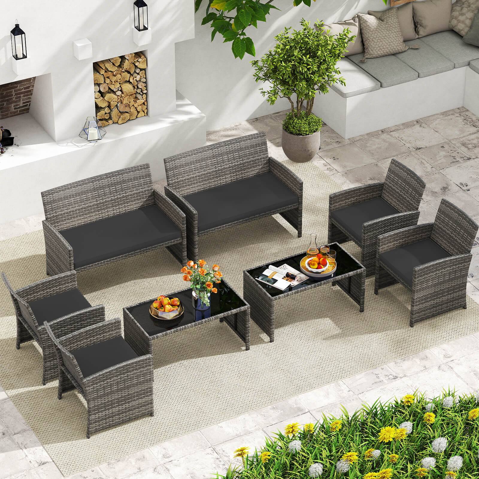 Alt View 5. Costway - Costway 8 PCS Patio Conversation Set with Seat Cushions & Tempered Glass Tabletop, Outdoor - Black,Gray.