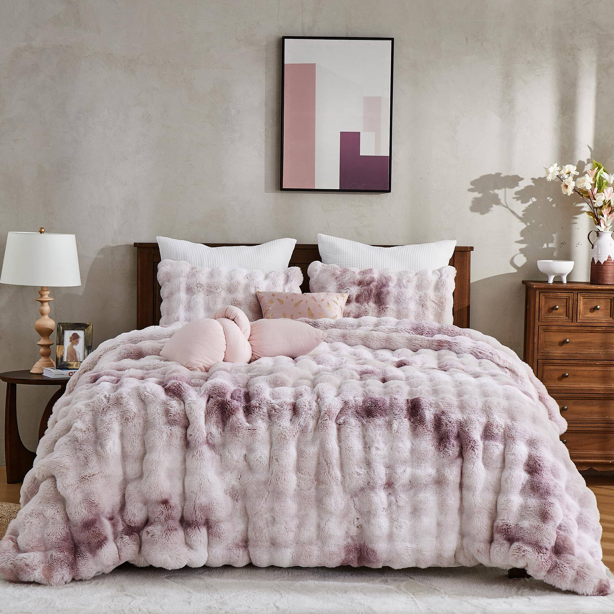 Alt View 1. Dapper Styles - Fluffy Faux Rabbit Bubble Comforter Set Tie-dyeing Plush Fuzzy Bedding Warm Soft For Winter - Tie Dye-black-Queen.