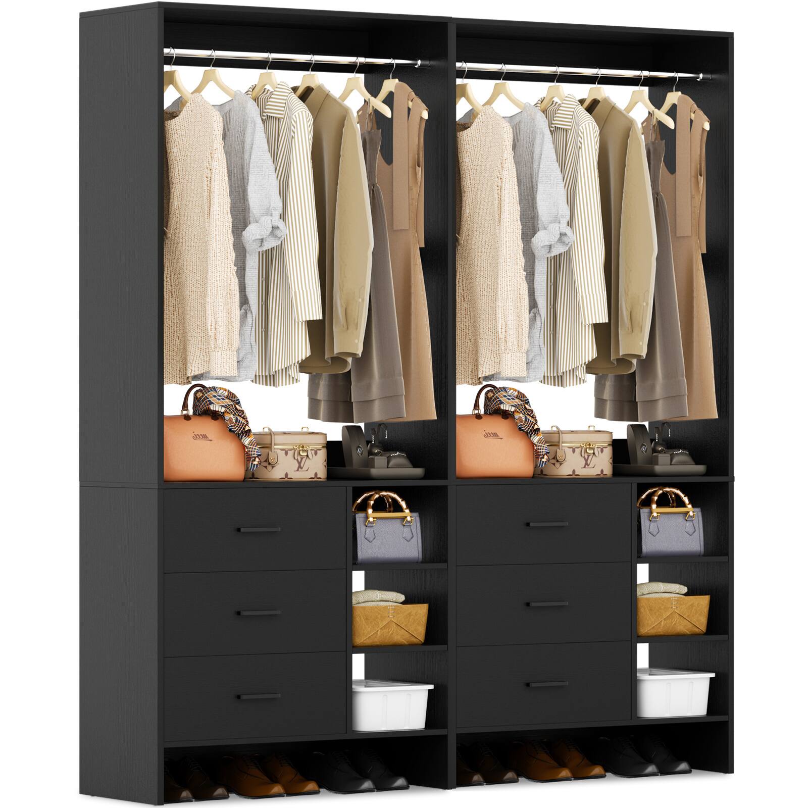 Angle. Aheaplus - 5FT Closet System with 6 Drawers, 59'' Walk-in Closet Organizer with Hanging Rods for Small Space - Black.