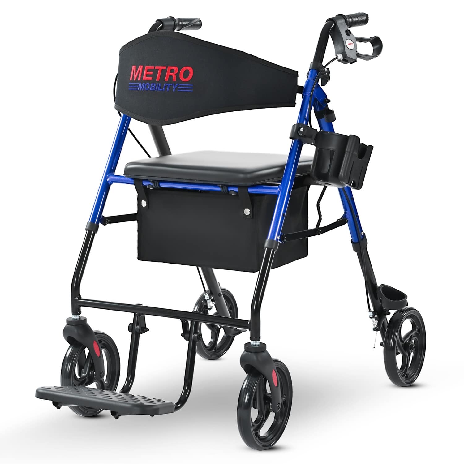 Metro Mobility - M913P 2 in 1 Rollator Walker & Transport Wheelchair for Seniors, 8" Wheels with Seat for All Terrain, 300 lb Capacity - Blue