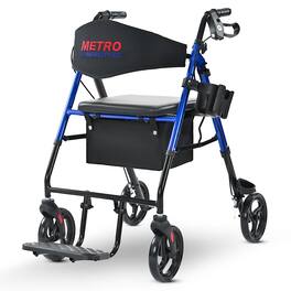 Metro Mobility - M913P 2 in 1 Rollator Walker & Transport Wheelchair for Seniors, 8" Wheels with Seat for All Terrain, 300 lb Capacity - Blue
