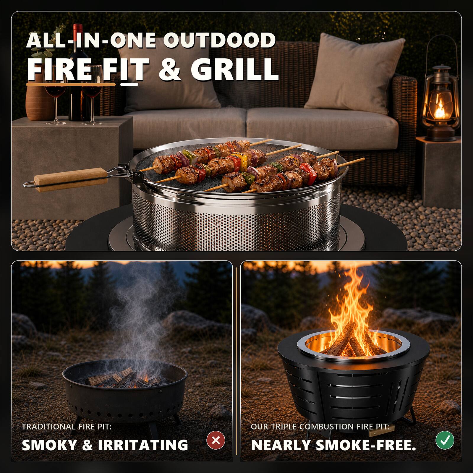 ALL-IN-ONE OUTDOOR FIRE FIT & GRILL

TRADITIONAL FIRE PIT: SMOKY & IRRITATING

OUR TRIPLE COMBUSTION FIRE PIT: NEARLY SMOKE-FREE