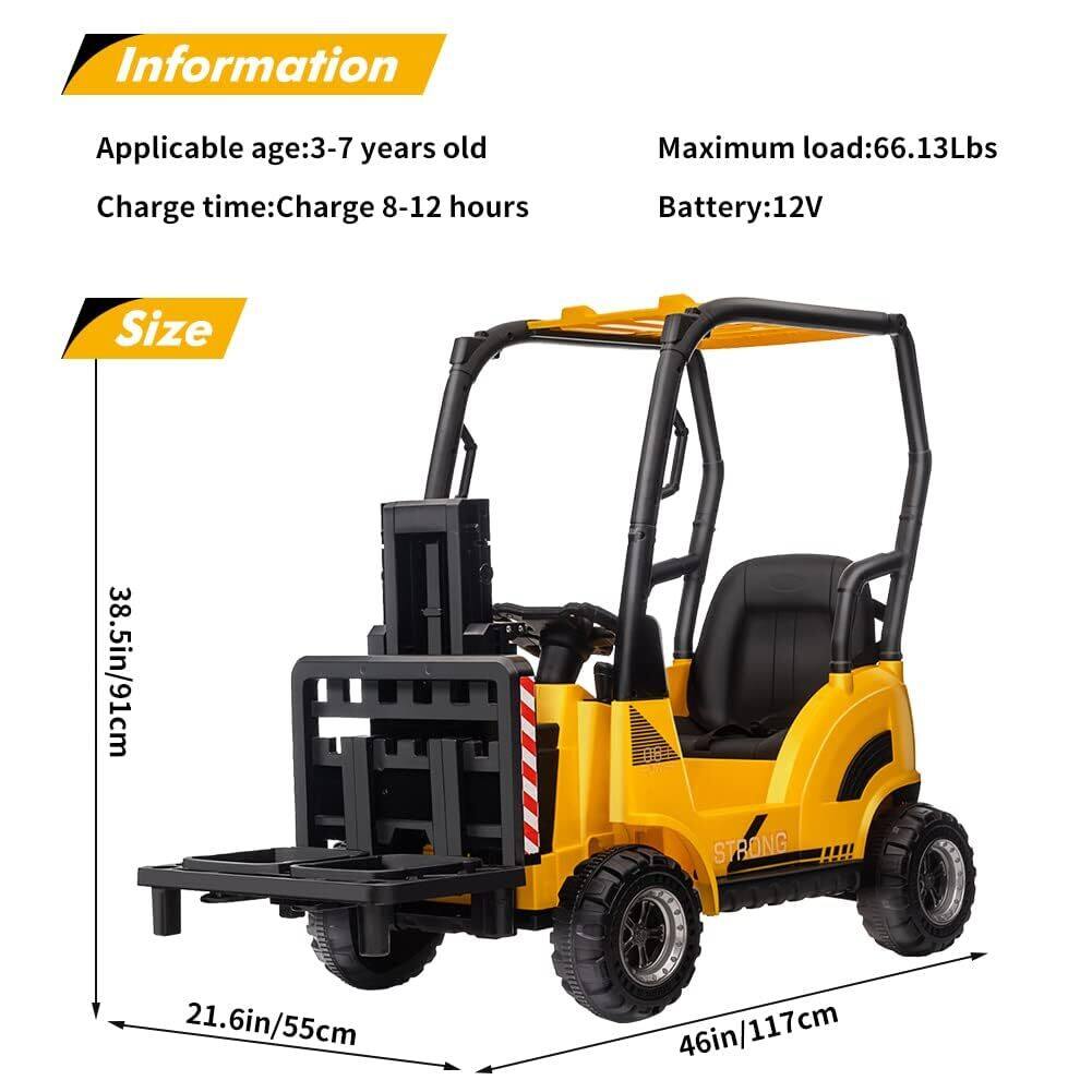 **Information**

- Applicable age: 3-7 years old
- Charge time: Charge 8-12 hours
- Maximum load: 66.13Lbs
- Battery: 12V

**Size**

- 38.5in/91cm
- 21.6in/55cm
- 46in/117cm