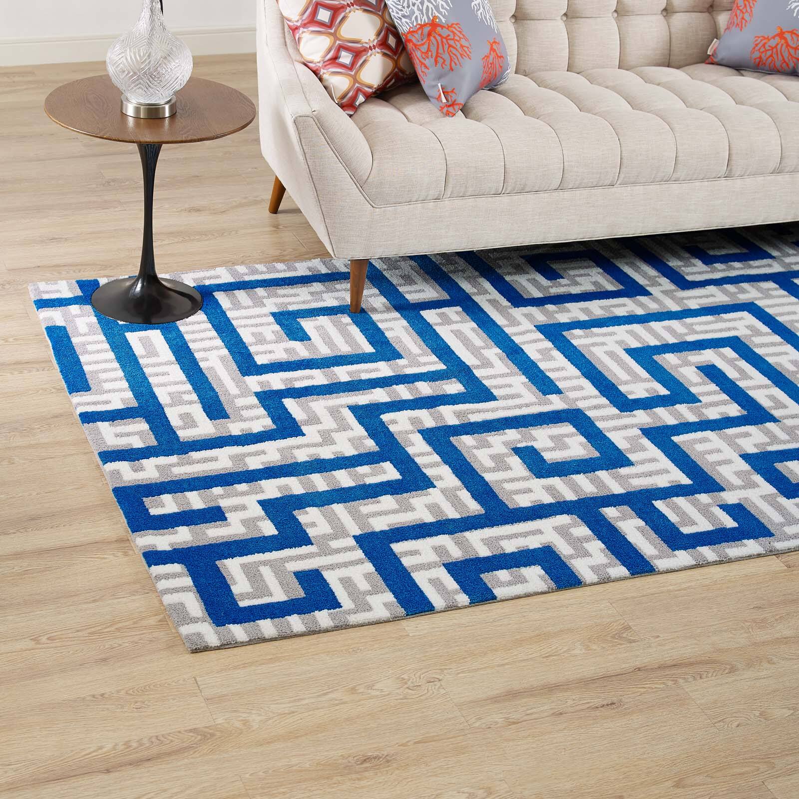 Left. Modway - Nahia Geometric Maze Area Rug - Ivory Light Gray and Blue.
