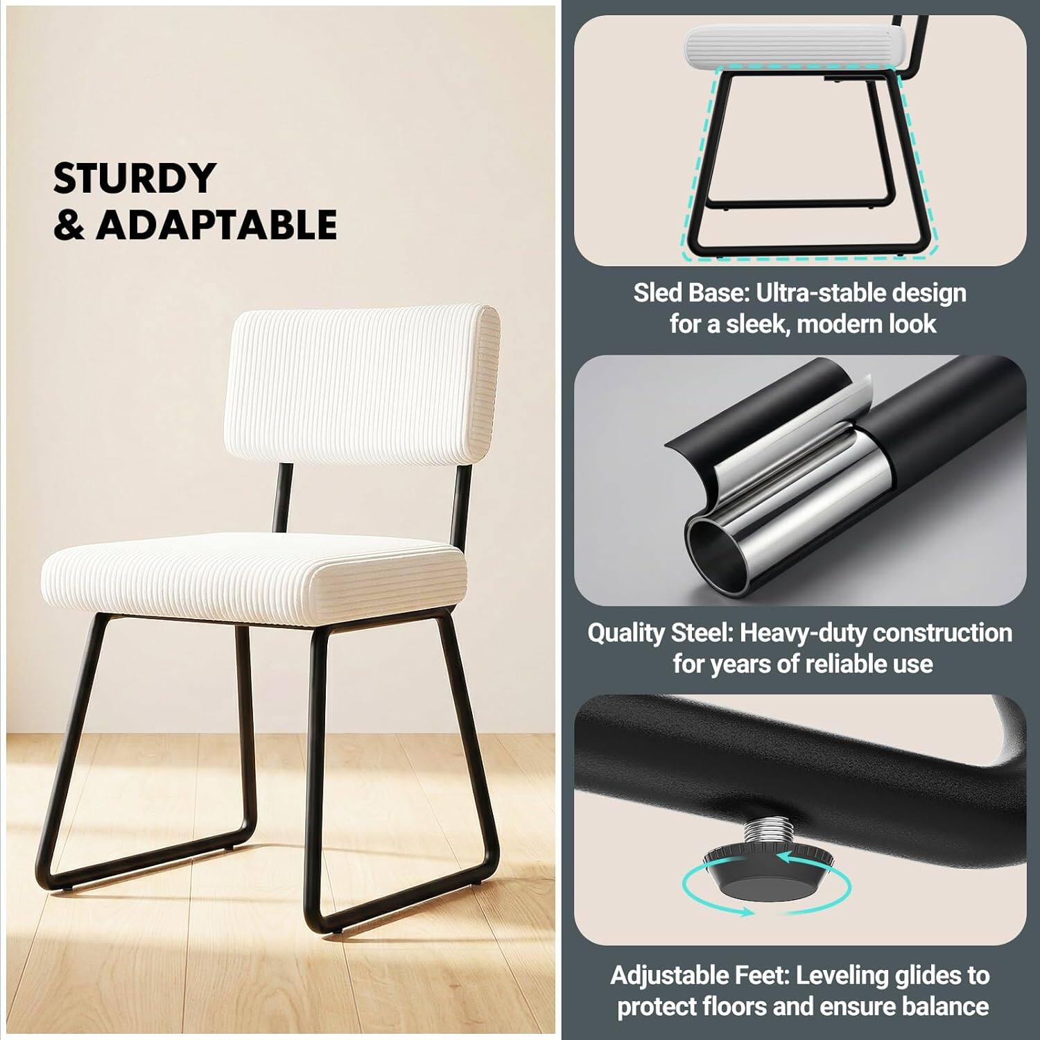 STURDY & ADAPTABLE Sled Base: Ultra-stable design for a sleek, modern look  
Quality Steel: Heavy-duty construction for years of reliable use  
Adjustable Feet: Leveling glides to protect floors and ensure balance