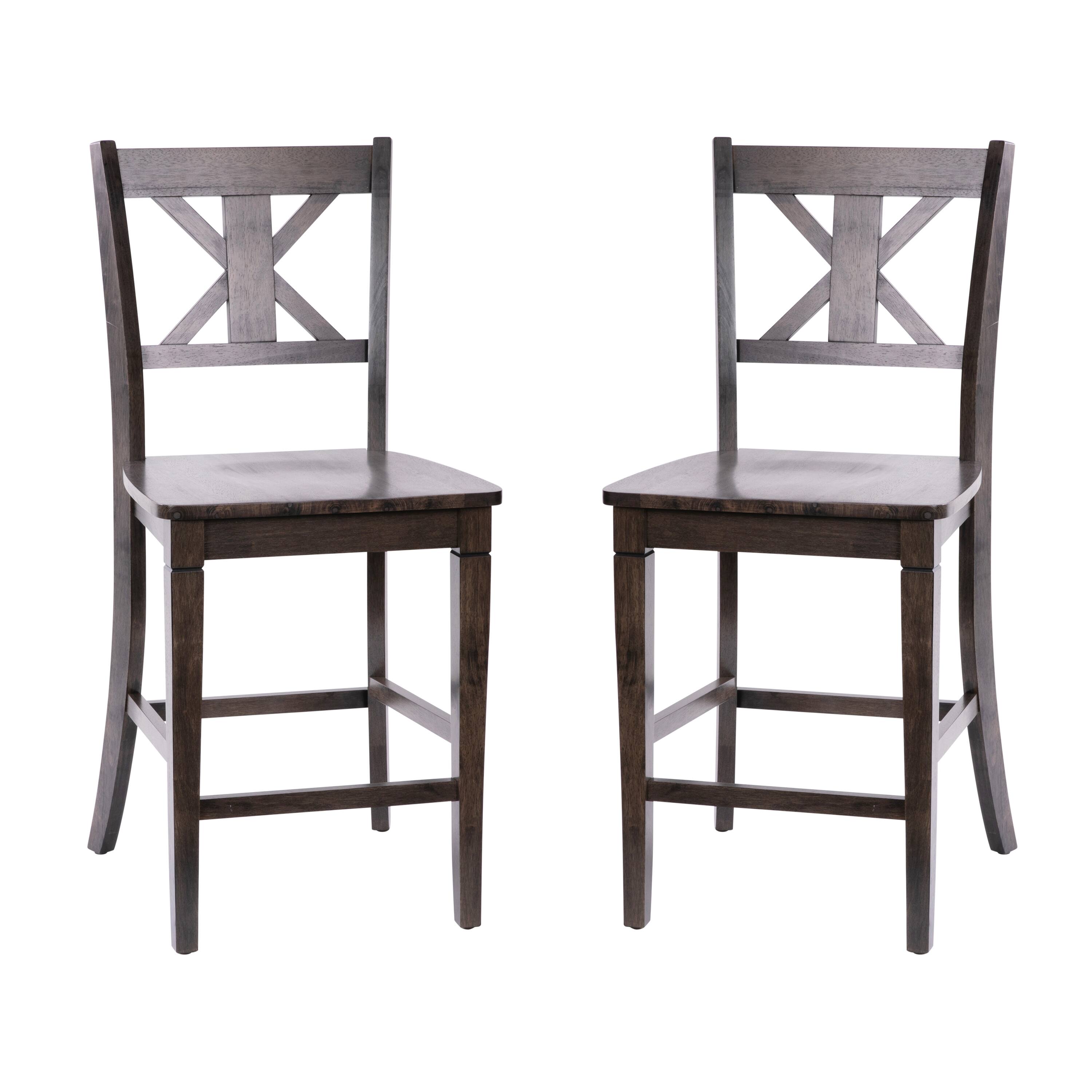 Alt View 1. Emma + Oliver - Lara Set of 2 Wooden Modern Farmhouse Bar Height Dining Stool with Decorative Carved Backrest and Wood Seat - Gray Wash Walnut.