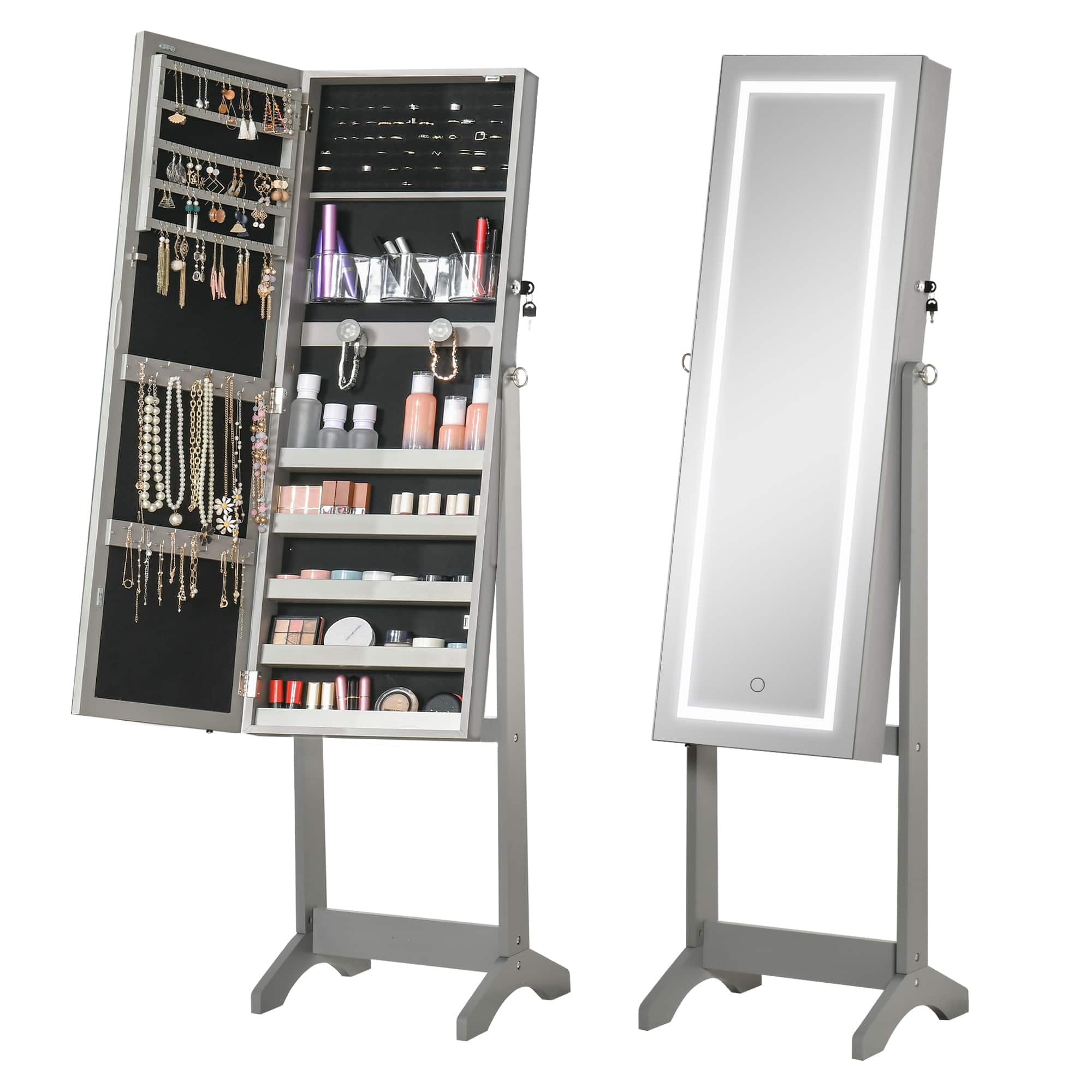 Homcom - Floor Standing Jewelry Cabinet with LED Light, Lockable Organizer with Full-Length Mirror,and 4 Adjustable Angles - Gray