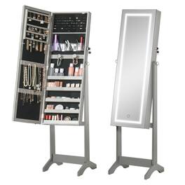 Homcom - Floor Standing Jewelry Cabinet with LED Light, Lockable Organizer with Full-Length Mirror,and 4 Adjustable Angles - Gray