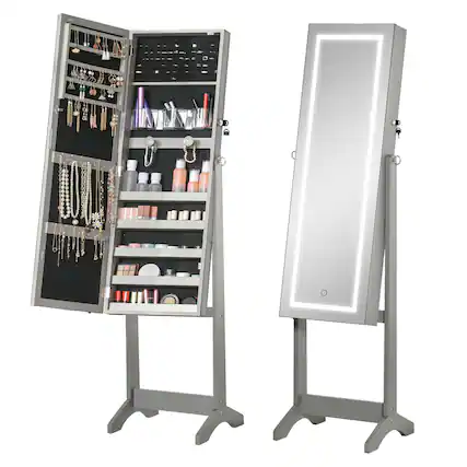 Front. Homcom - Floor Standing Jewelry Cabinet with LED Light, Lockable Organizer with Full-Length Mirror,and 4 Adjustable Angles - Grey.
