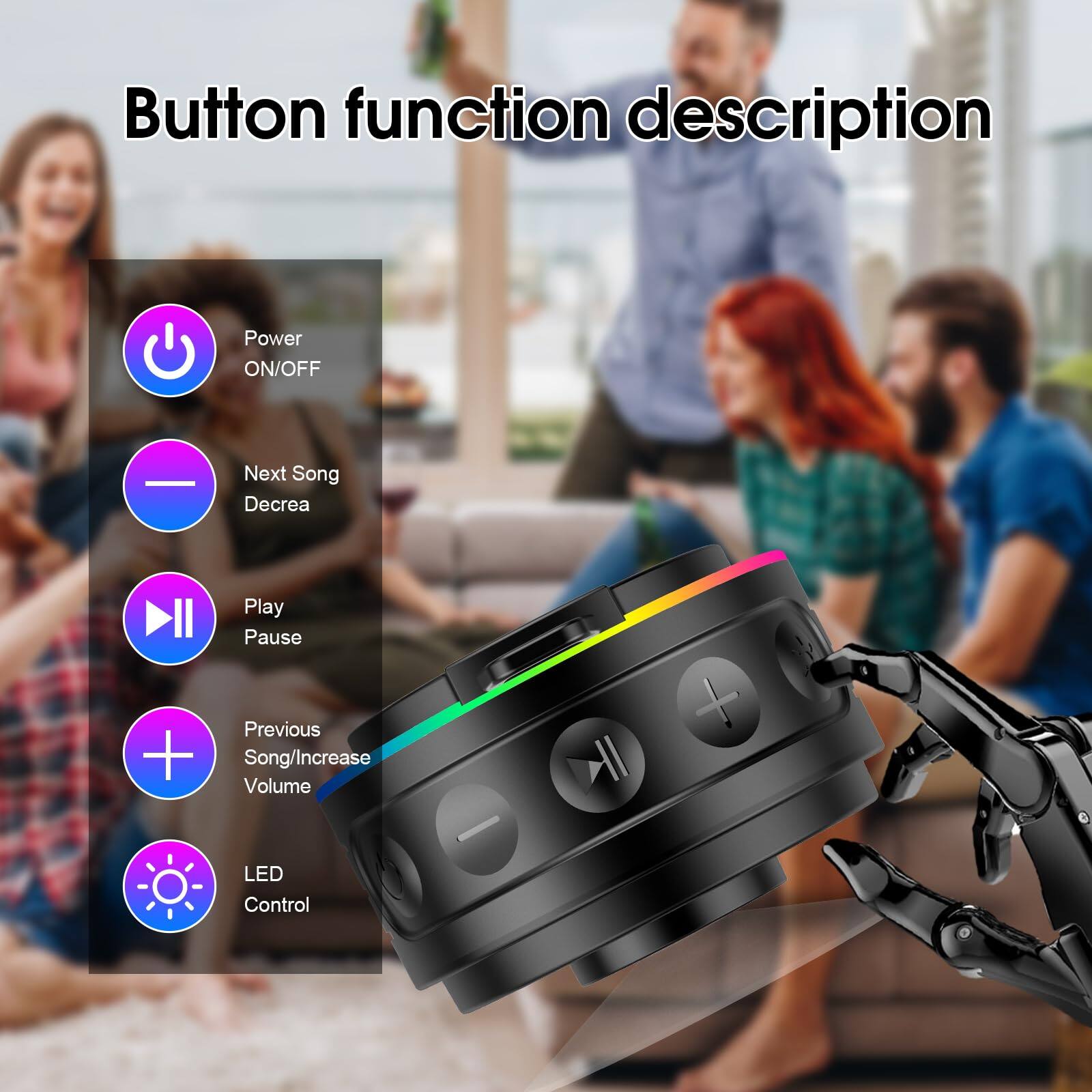 Button function description

- Power ON/OFF
- Next Song Decrease
- Play Pause
- Previous Song/Increase Volume
- LED Control