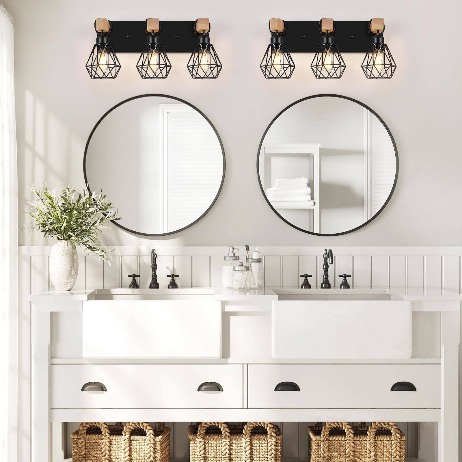 Alt View 3. Dazzling Pops - Farmhouse Bathroom Vanity Light Fixtures Wood Lighting Over Mirror Lights With Metal Lampshade Vintage Wall - 2-Lights.