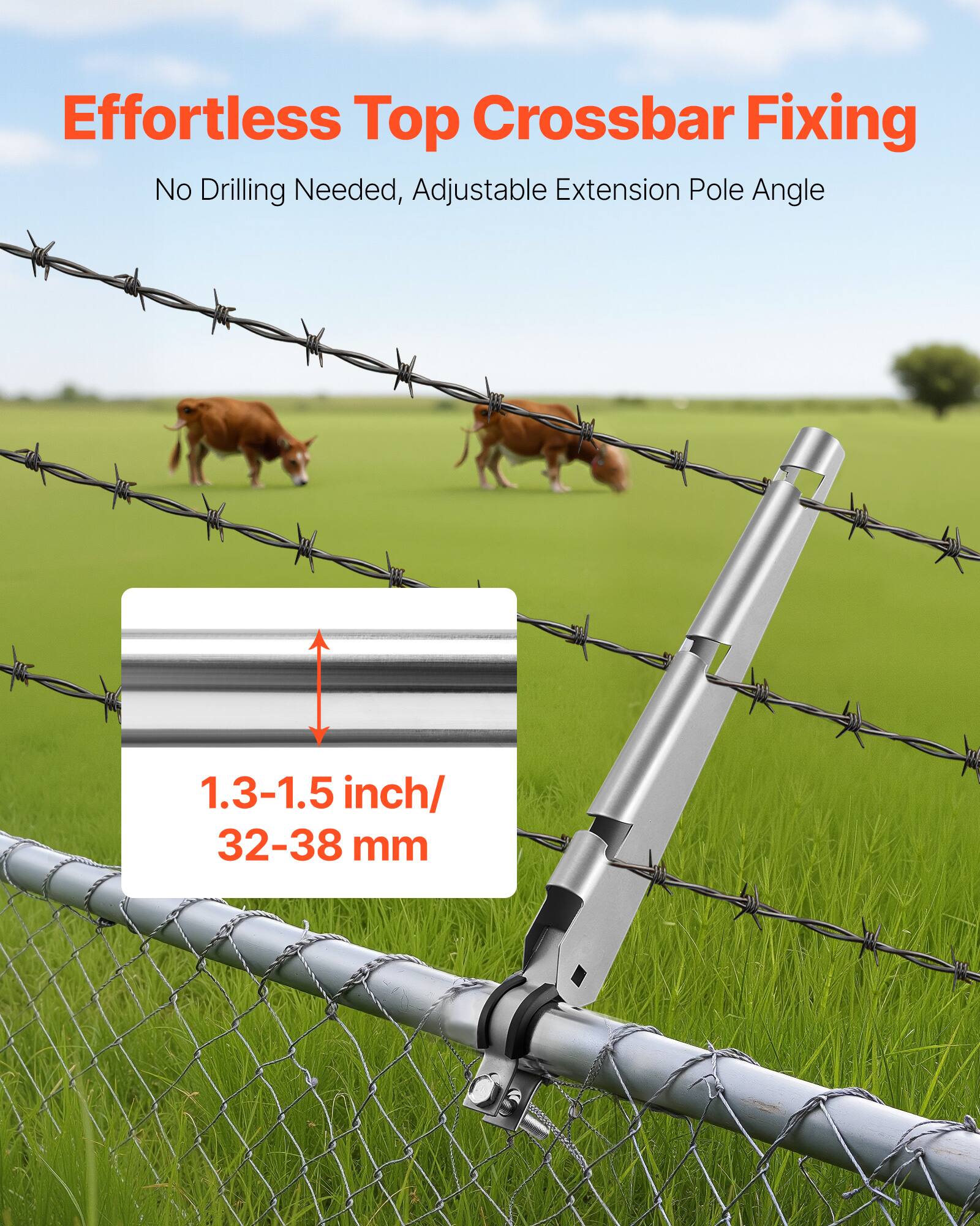 Effortless Top Crossbar Fixing  
No Drilling Needed, Adjustable Extension Pole Angle  

1.3-1.5 inch / 32-38 mm