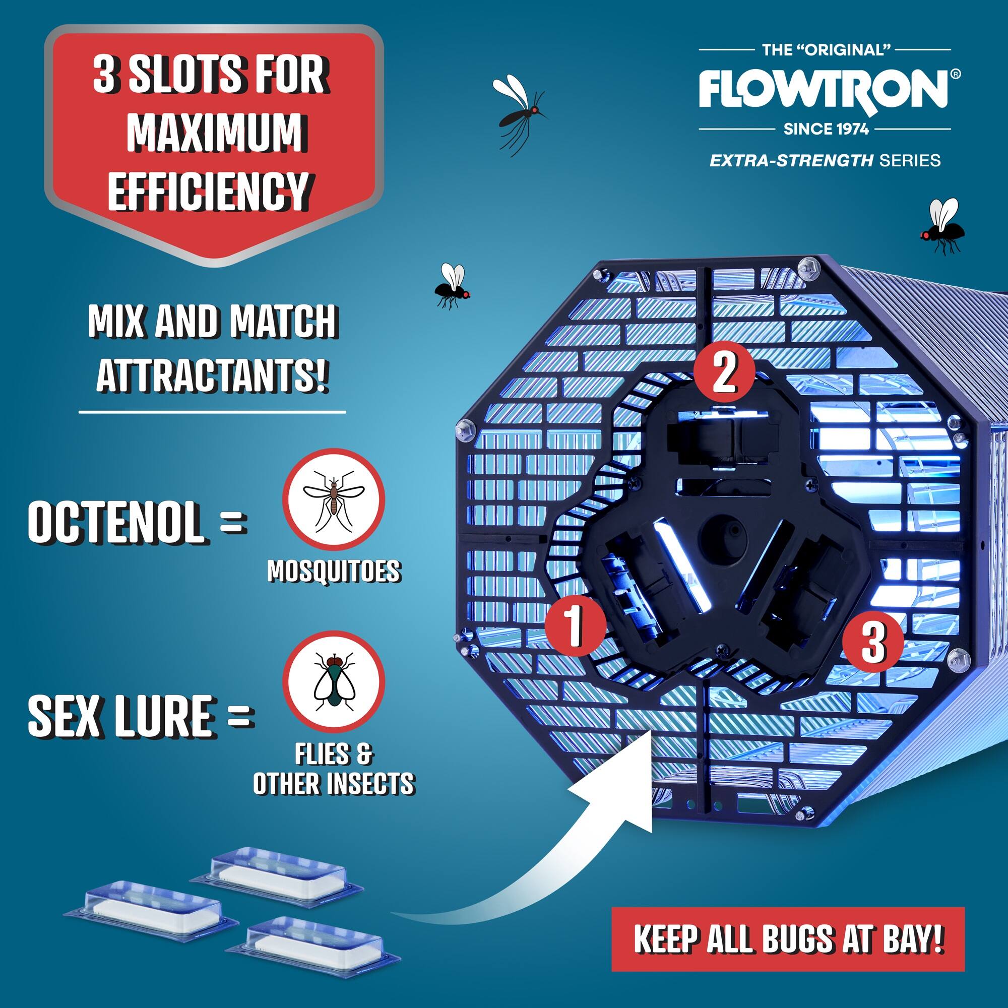 3 SLOTS FOR MAXIMUM EFFICIENCY

THE "ORIGINAL" FLOWTRON SINCE 1974 EXTRA-STRENGTH SERIES

MIX AND MATCH ATTRACTANTS!

OCTENOL = MOSQUITOES

SEX LURE = FLIES & OTHER INSECTS

KEEP ALL BUGS AT BAY!