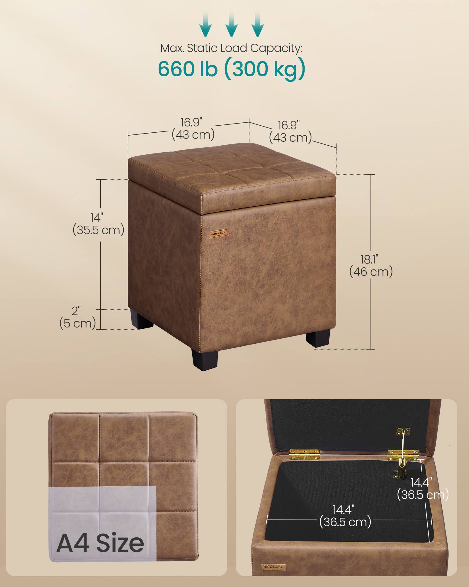 Max. Static Load Capacity: 660 lb (300 kg)  
16.9" (43 cm) x 16.9" (43 cm) x 14" (35.5 cm) x 18.1" (46 cm) x 2" (5 cm)  
A4 Size: 14.4" (36.5 cm)
