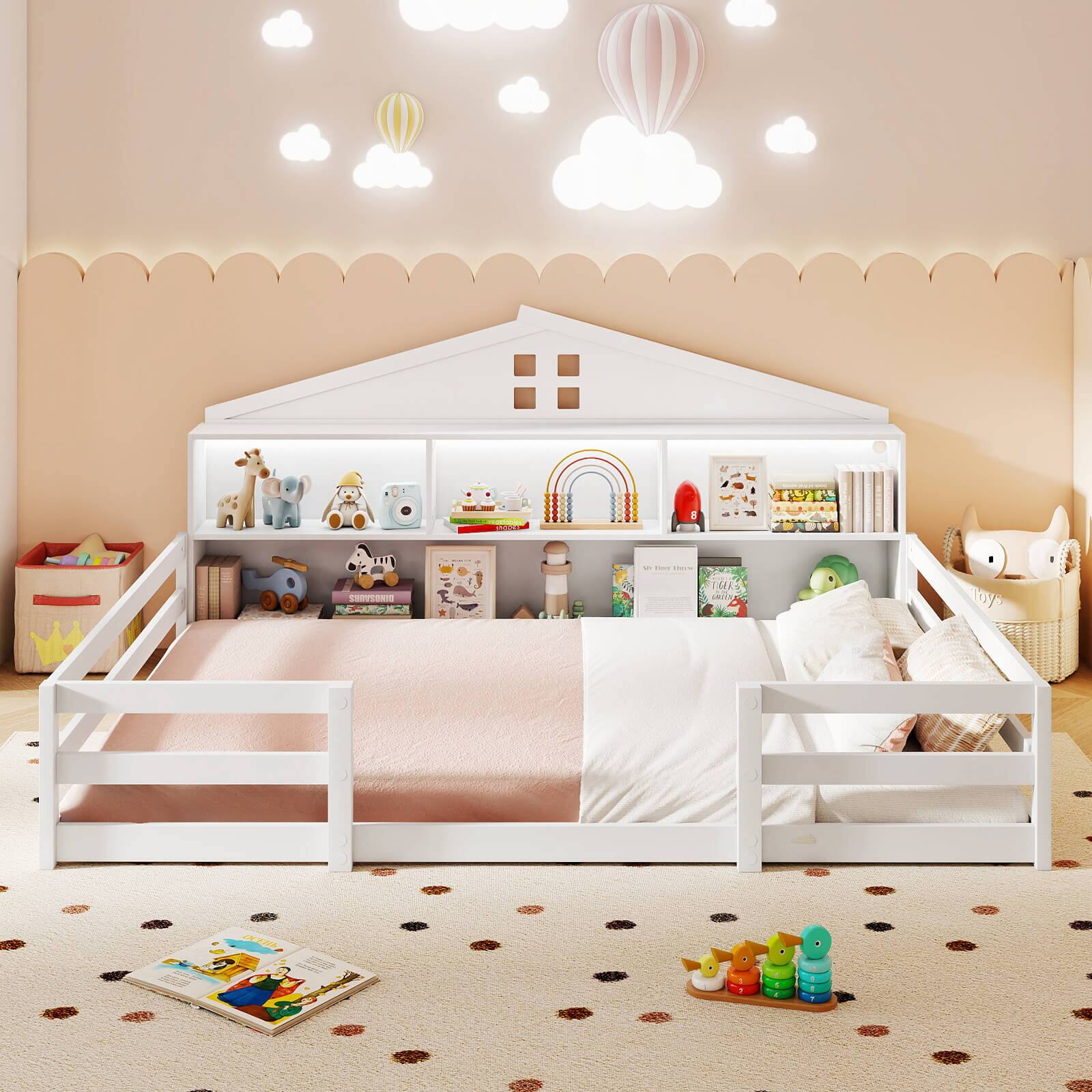 Alt View 1. Costway - Costway Full Size Montessori Floor Bed with LED Lights Safety Guardrails Compartments Shelf - White.