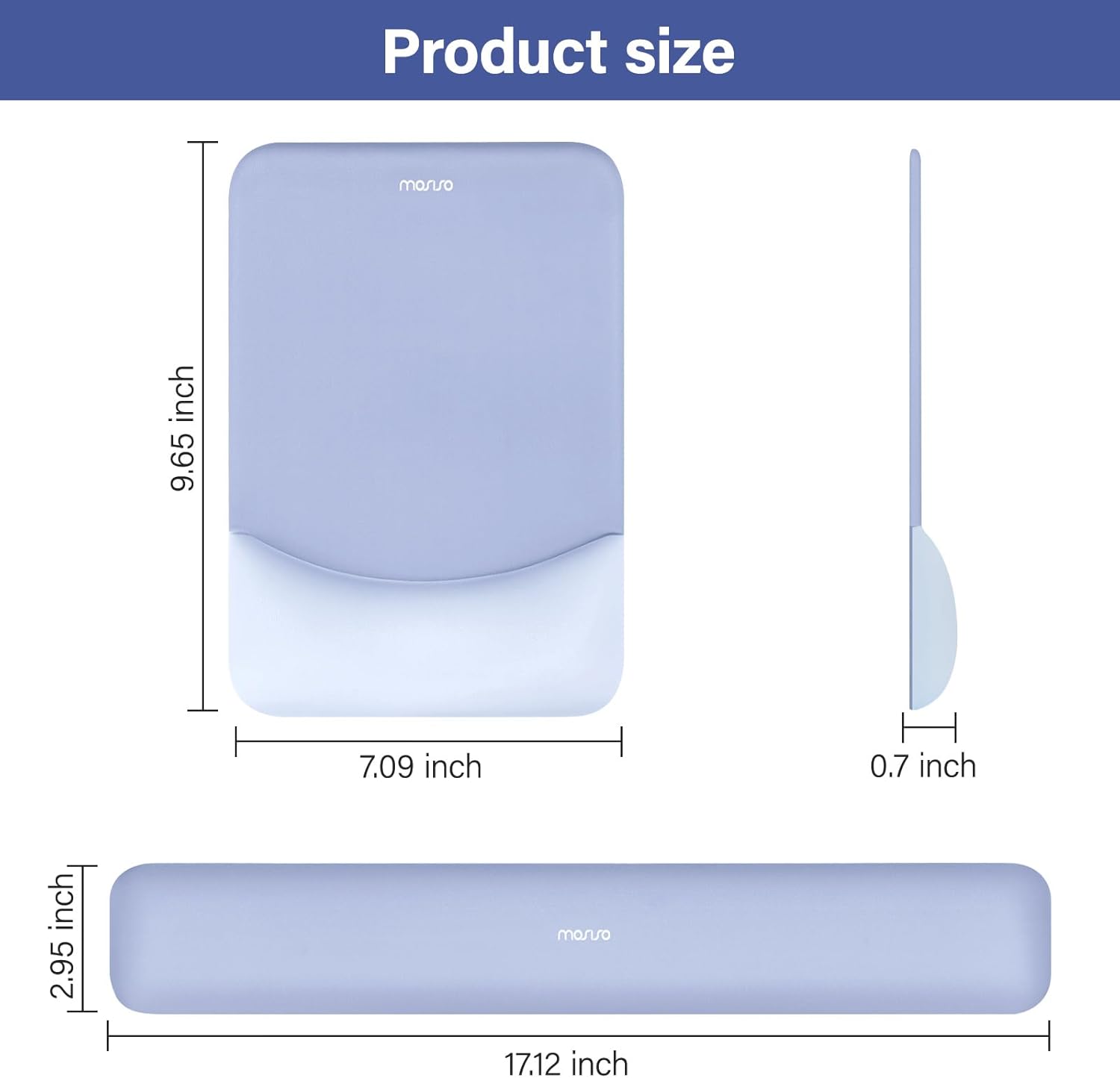Product size: 9.65 inch x 7.09 inch x 0.7 inch, 2.95 inch x 17.12 inch