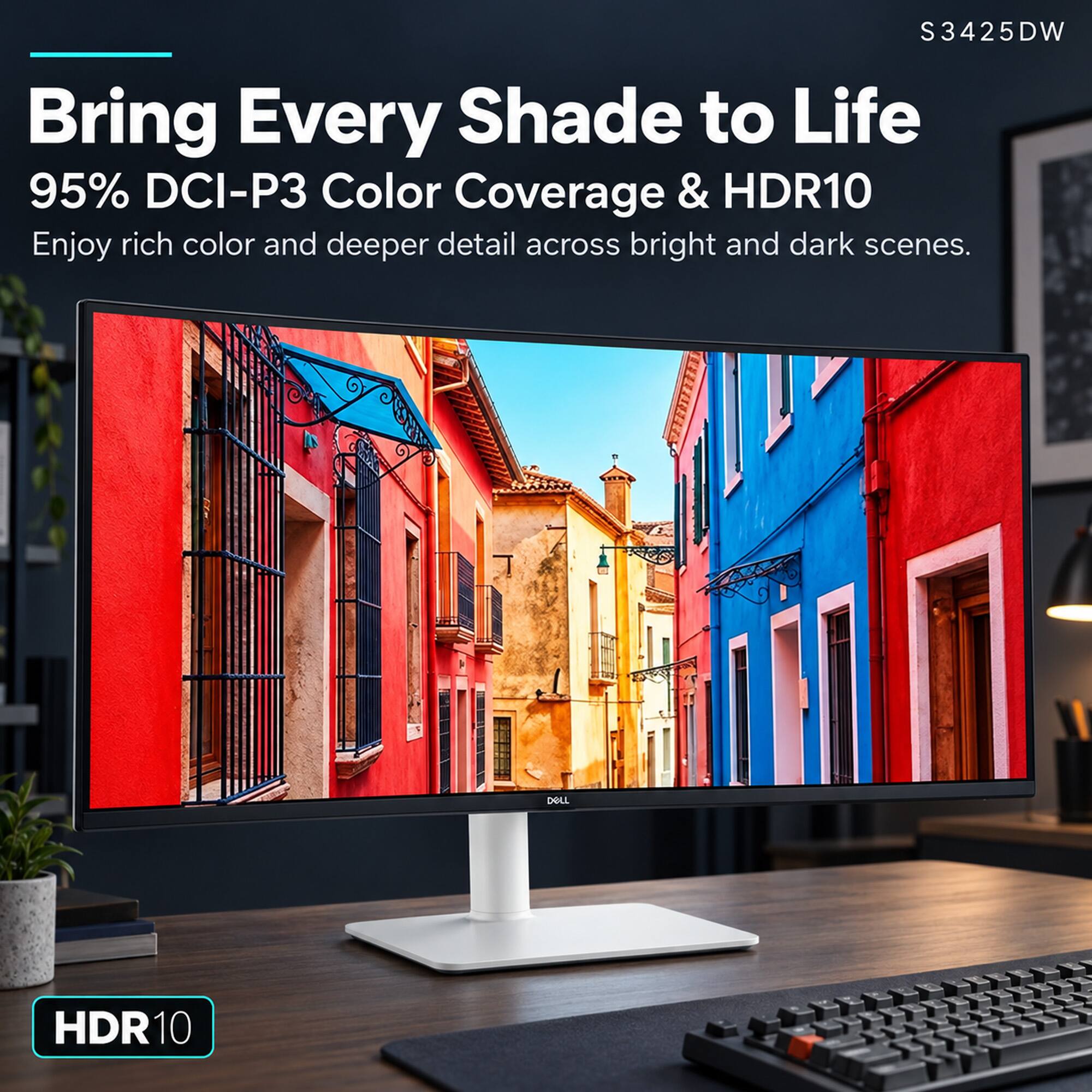 S3425DW  
Bring Every Shade to Life  
95% DCI-P3 Color Coverage & HDR10  
Enjoy rich color and deeper detail across bright and dark scenes.  
DELL  
HDR10
