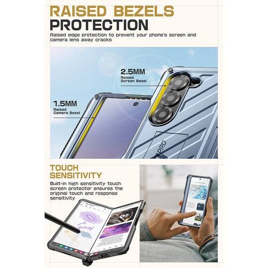 **RAISED BEZELS PROTECTION**  
Raised edge protection to prevent your phone's screen and camera lens from cracks.  

- **2.5MM Raised Screen Bezel**  
- **1.5MM Raised Camera Bezel**  

**TOUCH SENSITIVITY**  
Built-in high sensitivity touch screen protector ensures the original touch and response sensitivity.