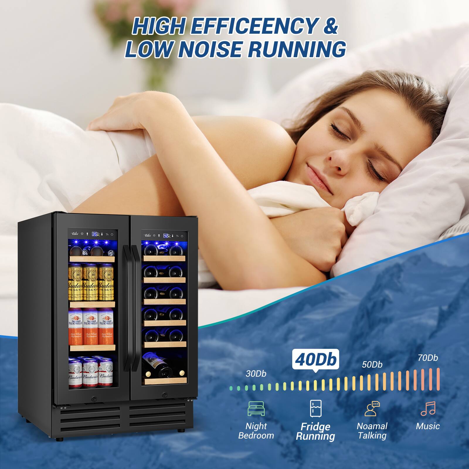 HIGH EFFICEENCY & LOW NOISE RUNNING Ada - T   - -  I mlakelscksidla aeli entec H.C. NS MOM ad wm  i Cidea T Baclan Phado Biule 30Db 40Db 50Db 70Db Night Fridge Running Noamal Talking Music