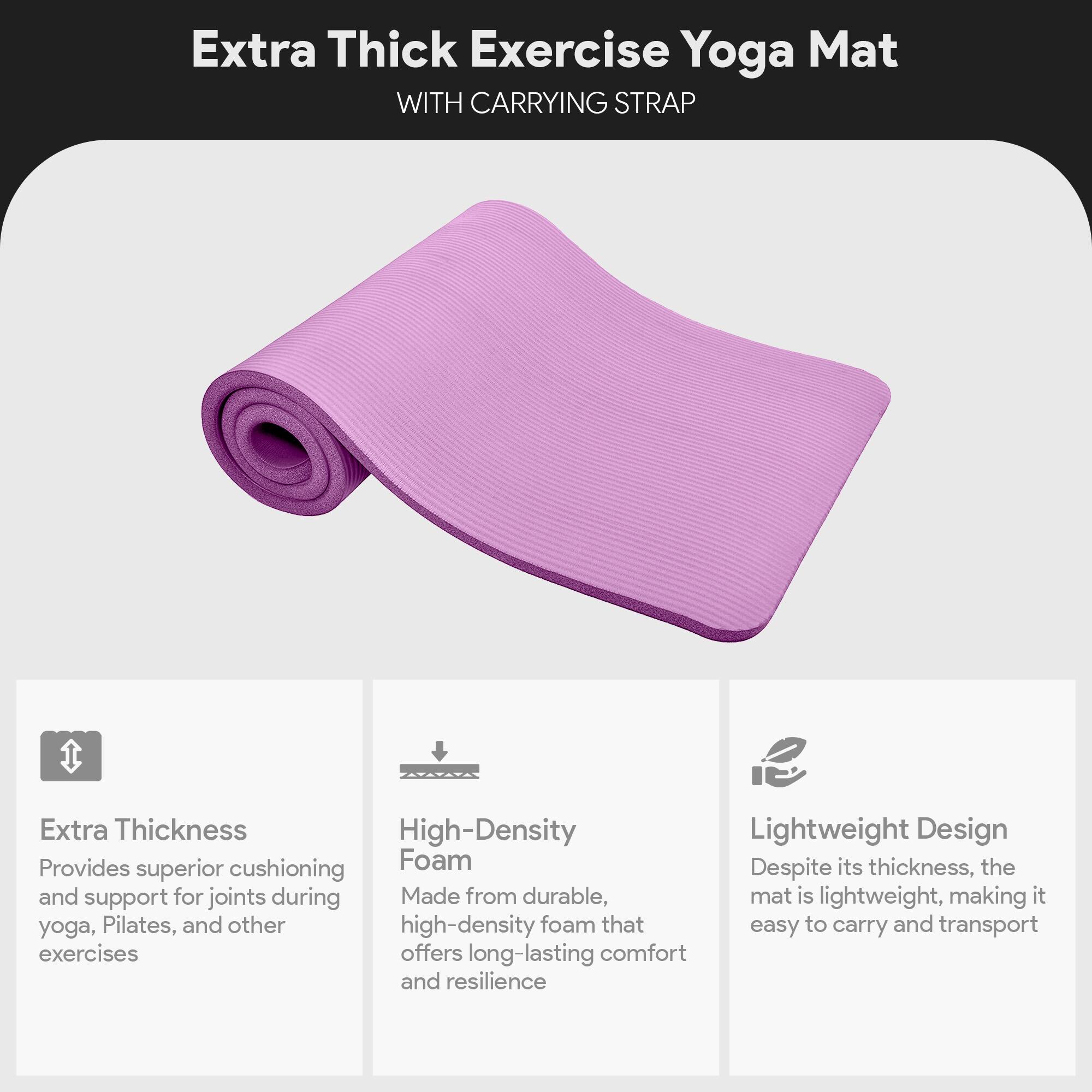 Extra Thick Exercise Yoga Mat WITH CARRYING STRAP

Extra Thickness
Provides superior cushioning and support for joints during yoga, Pilates, and other exercises

High-Density Foam
Made from durable, high-density foam that offers long-lasting comfort and resilience

Lightweight Design
Despite its thickness, the mat is lightweight, making it easy to carry and transport