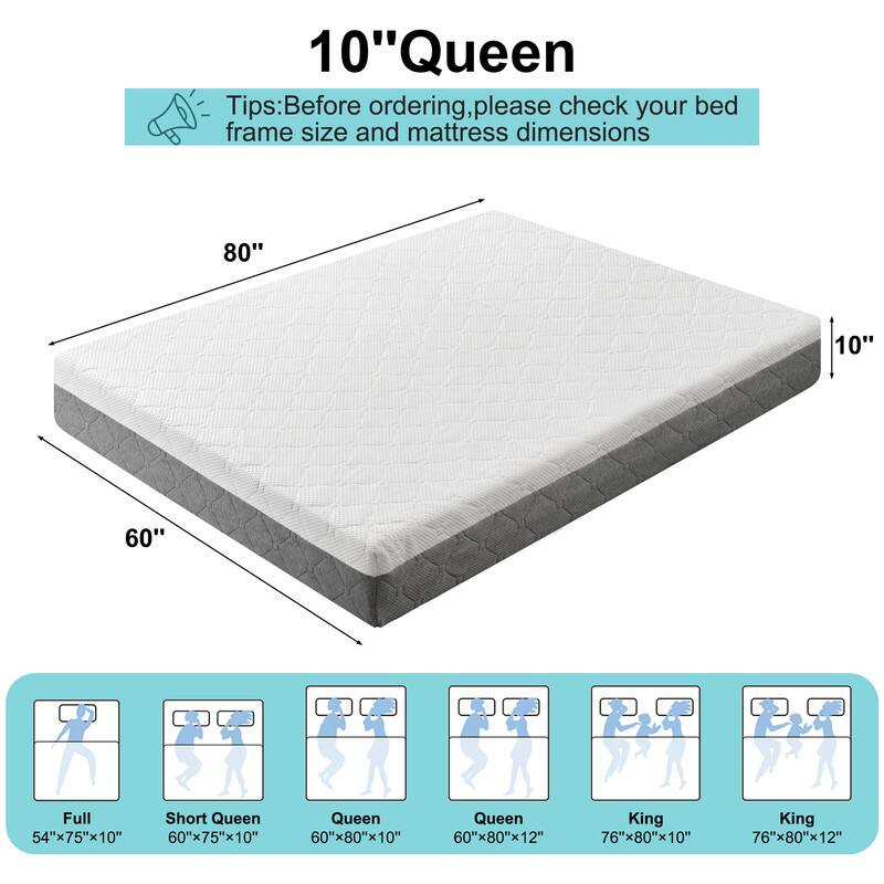 10" Queen

Tips: Before ordering, please check your bed frame size and mattress dimensions

Full: 54"x75"x10"
Short Queen: 60"x75"x10"
Queen: 60"x80"x10"
Queen: 60"x80"x12"
King: 76"x80"x10"
King: 76"x80"x12"