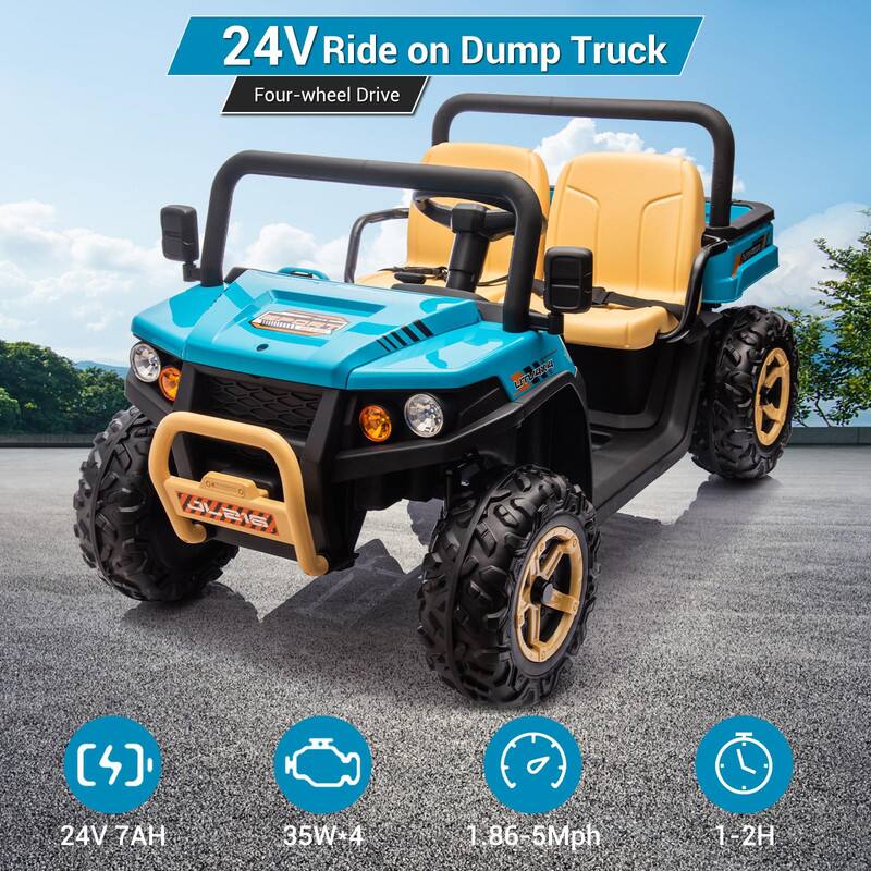 24V Ride on Dump Truck  
Four-wheel Drive  

24V 7AH  
35W*4  
1.86-5Mph  
1-2H